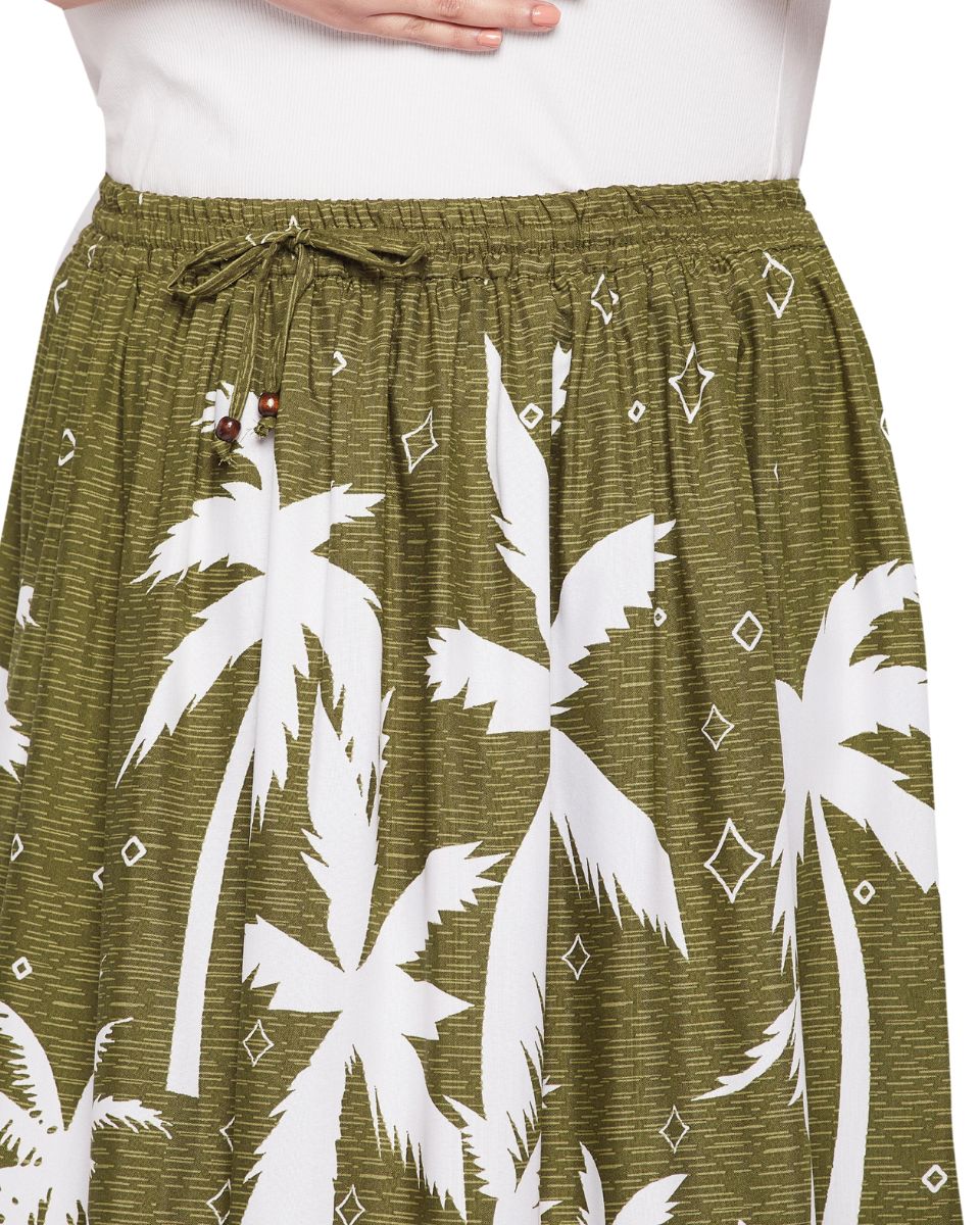 Olive Green Tropical Print Rayon Crepe Maxi Skirt For Women