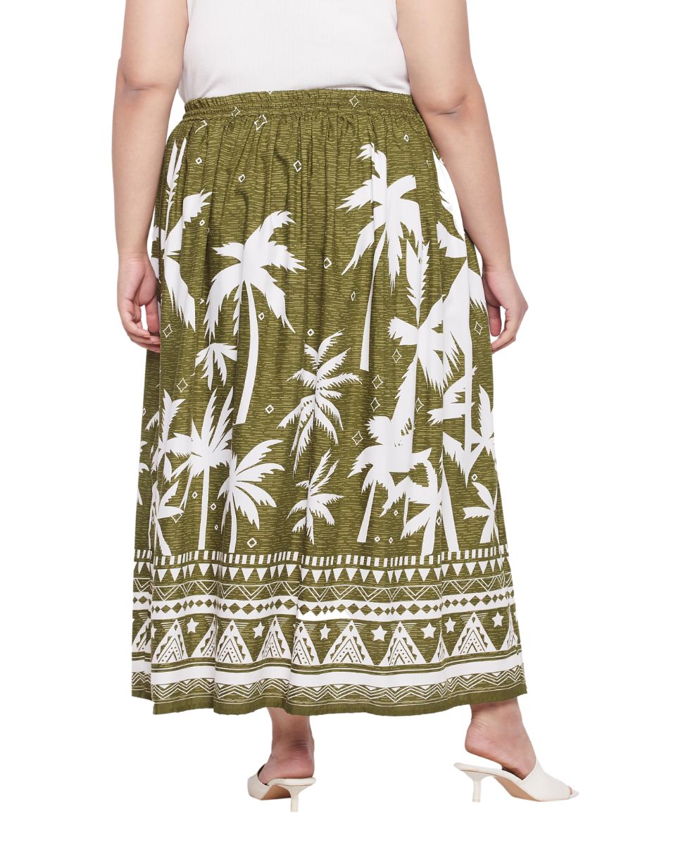 Olive Green Tropical Print Rayon Crepe Maxi Skirt For Women