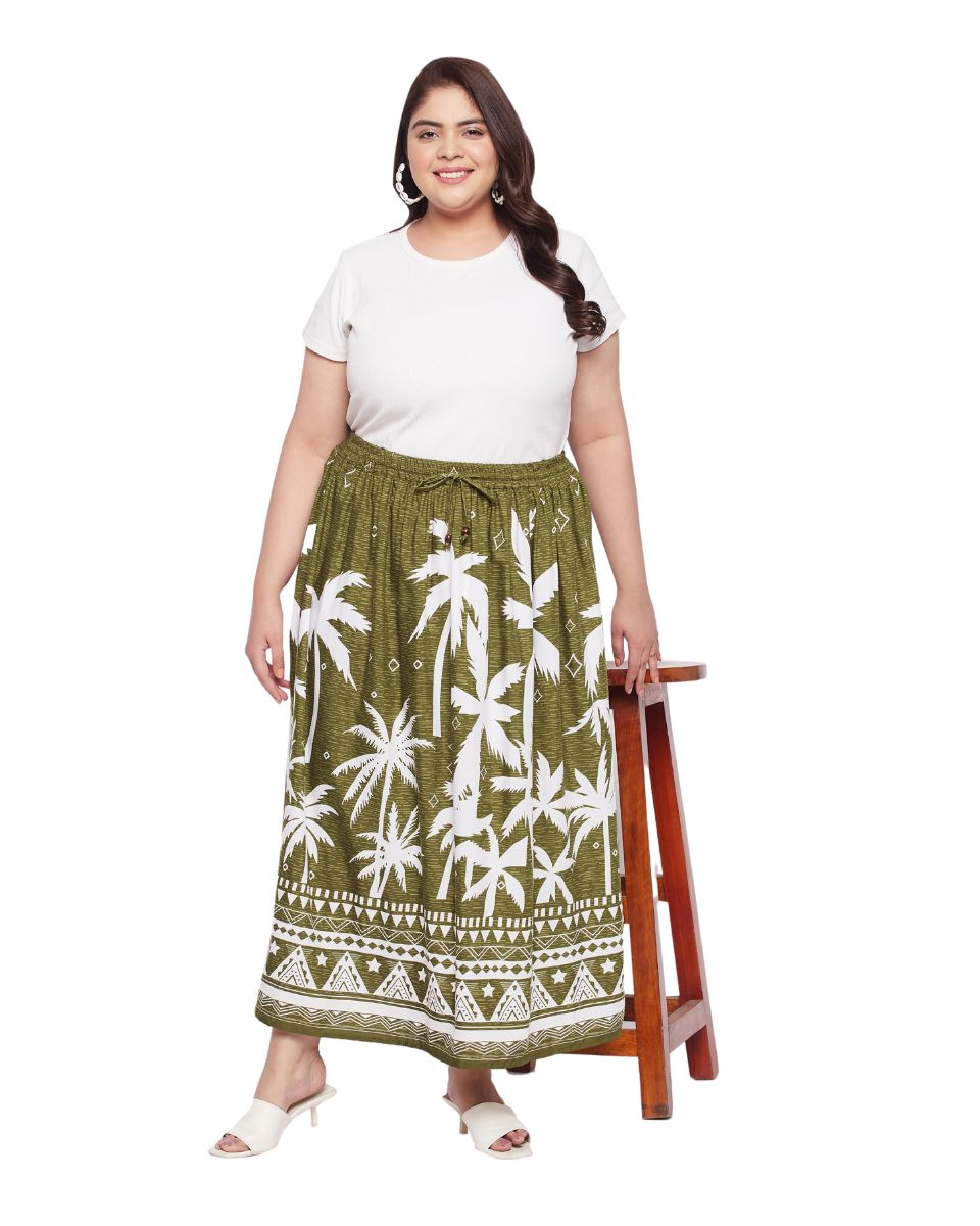 Olive Green Tropical Print Rayon Crepe Maxi Skirt For Women