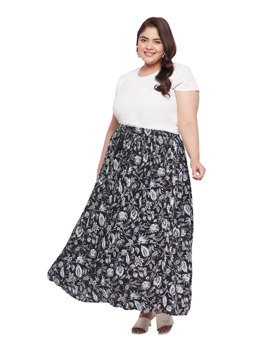 Floral Printed Black And White Rayon Skirt For Women