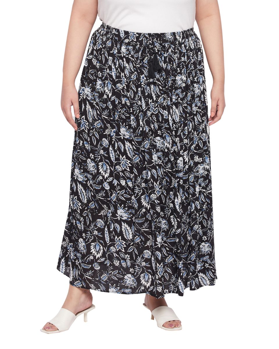 Floral Printed Black And White Rayon Skirt For Women