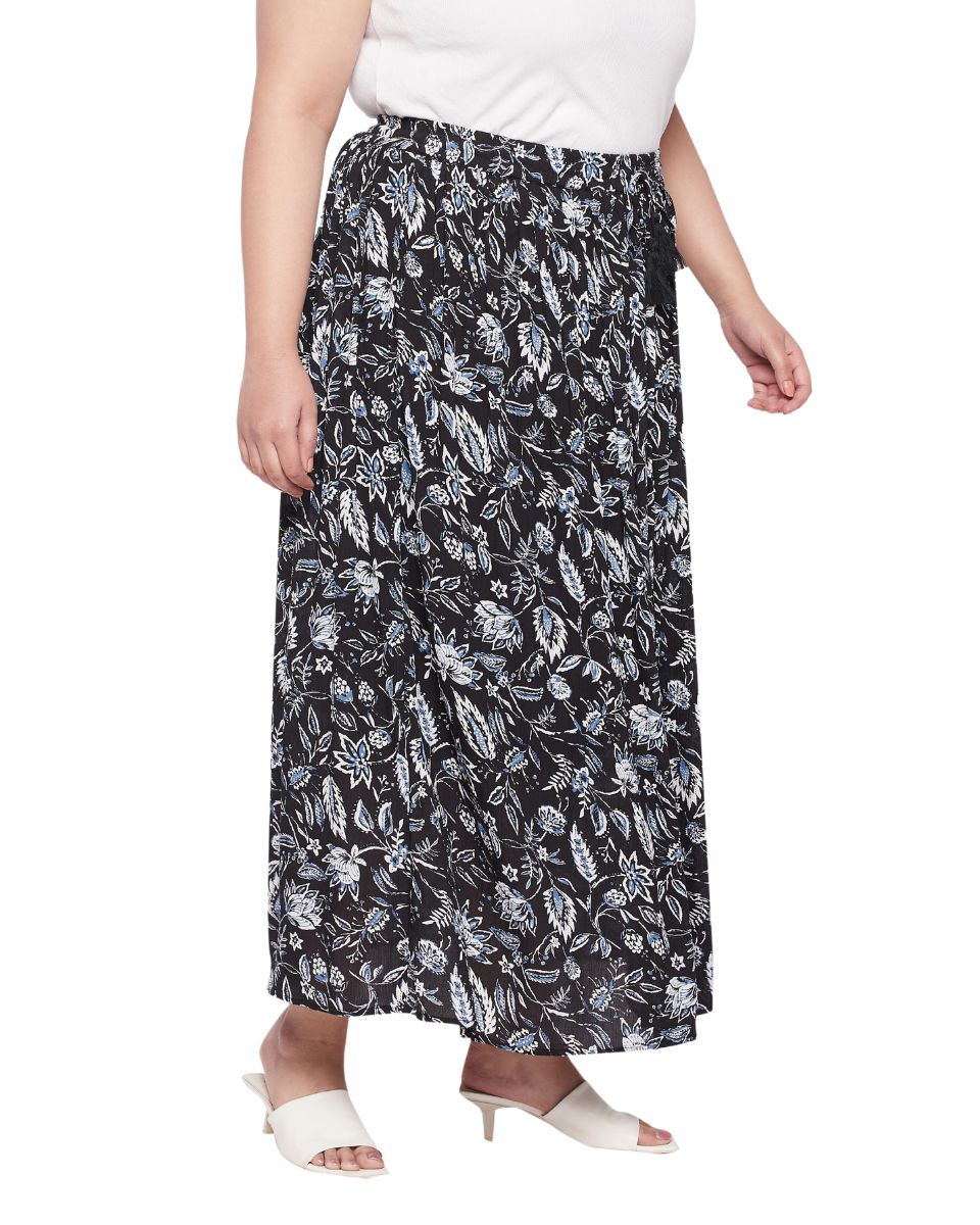 Floral Printed Black And White Rayon Skirt For Women