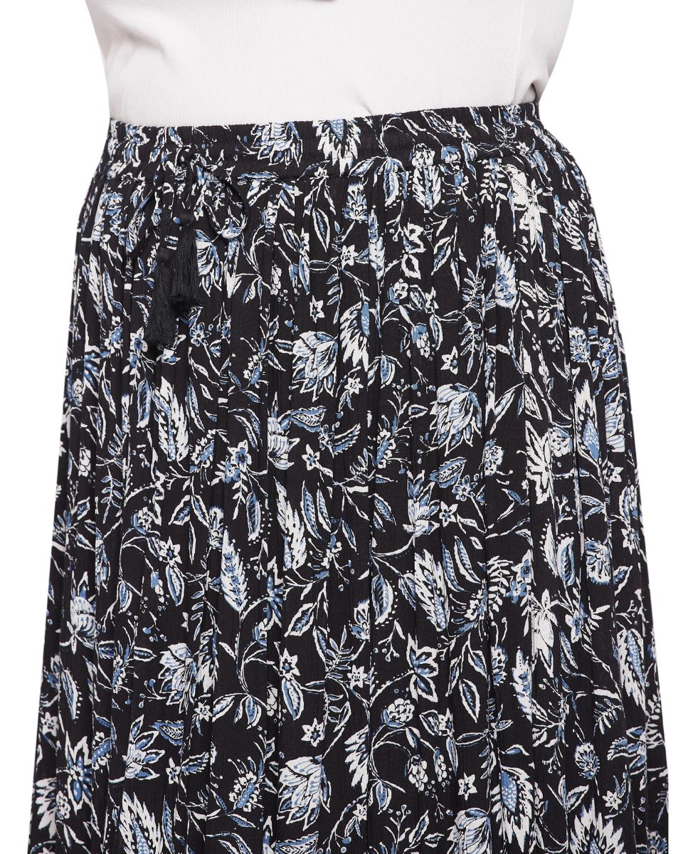 Floral Printed Black And White Rayon Skirt For Women