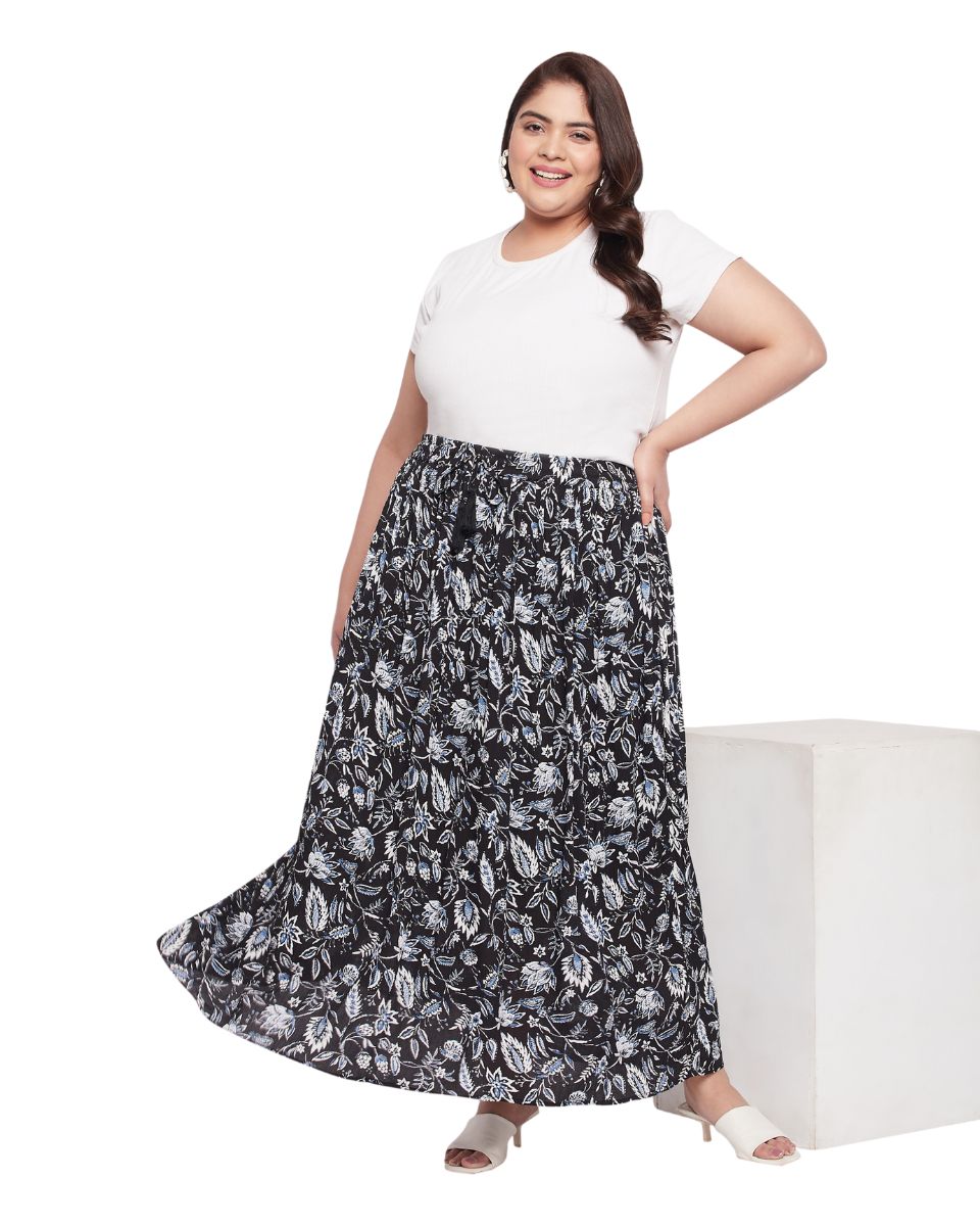 Floral Printed Black And White Rayon Skirt For Women