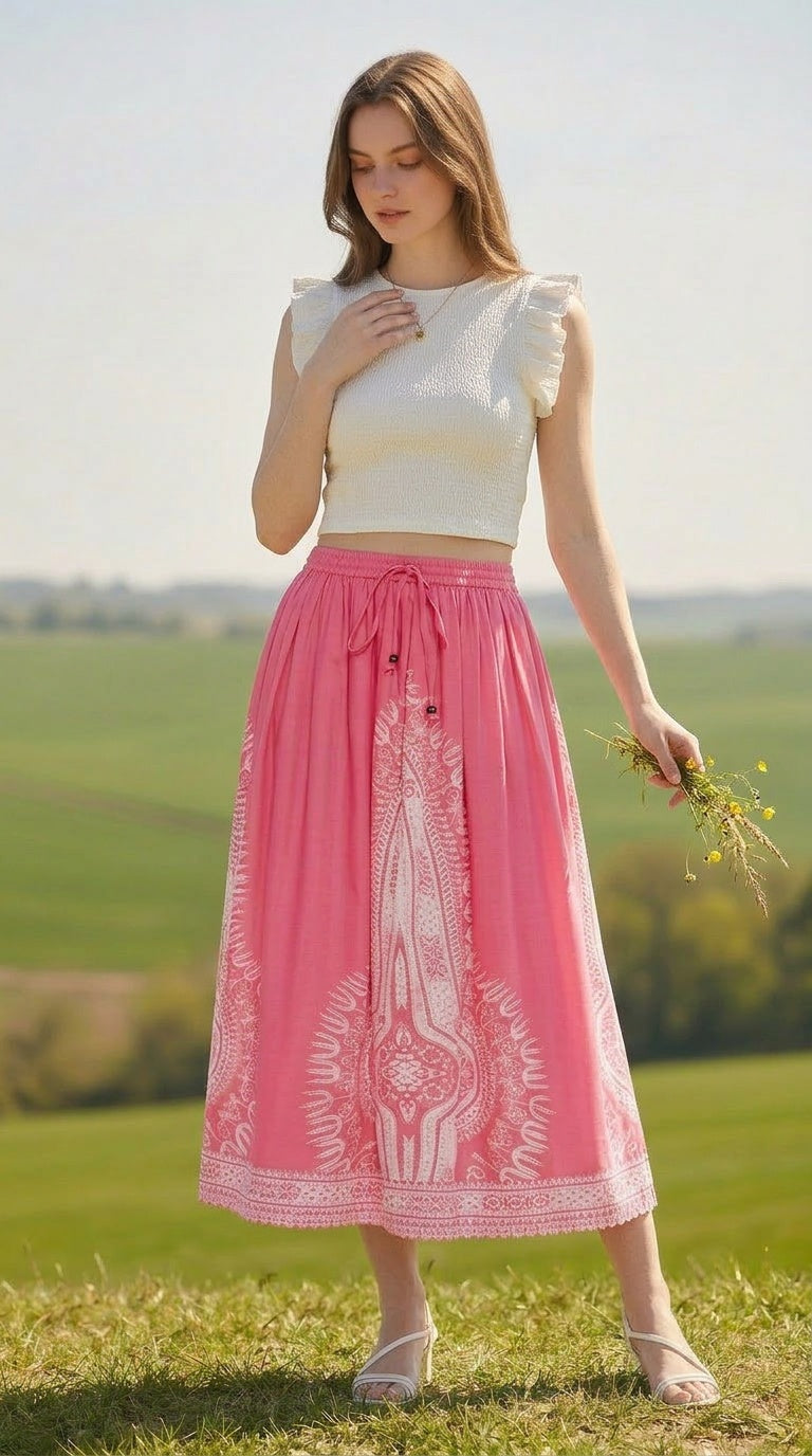 Light Pink Flowy Rayon Women Casual Summer Midi Skirt