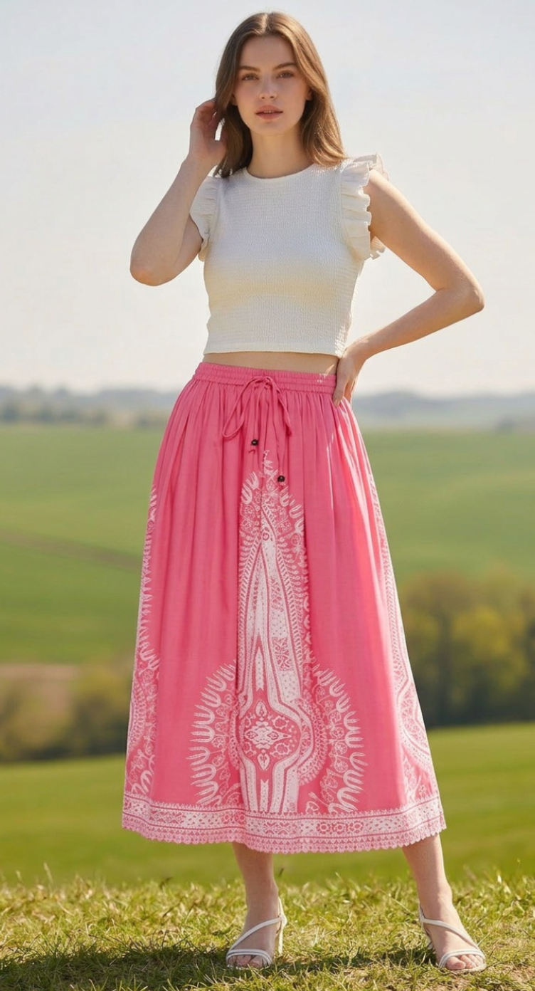 Light Pink Flowy Rayon Women Casual Summer Midi Skirt
