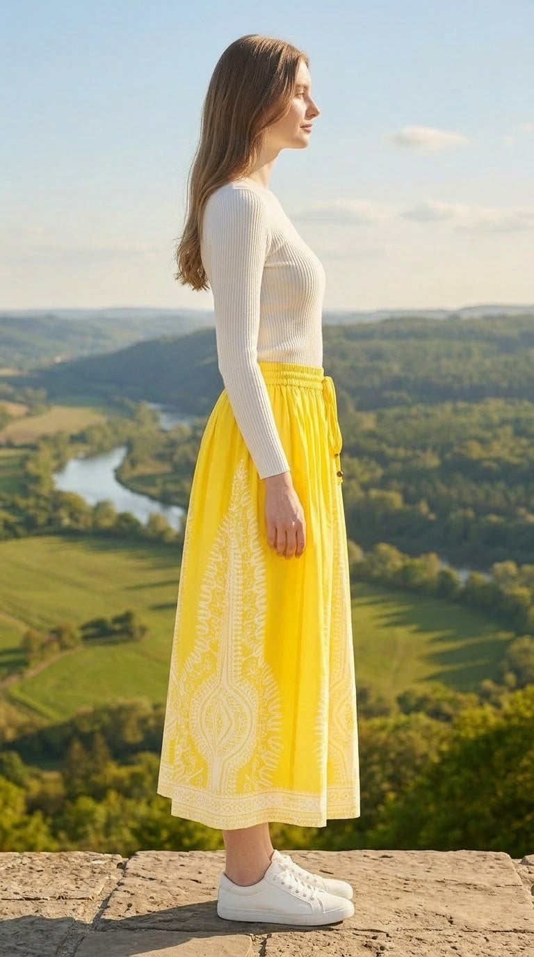 Yellow Flowy Rayon Women Casual Summer Midi Skirt