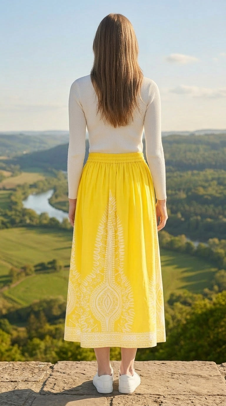 Yellow Flowy Rayon Women Casual Summer Midi Skirt