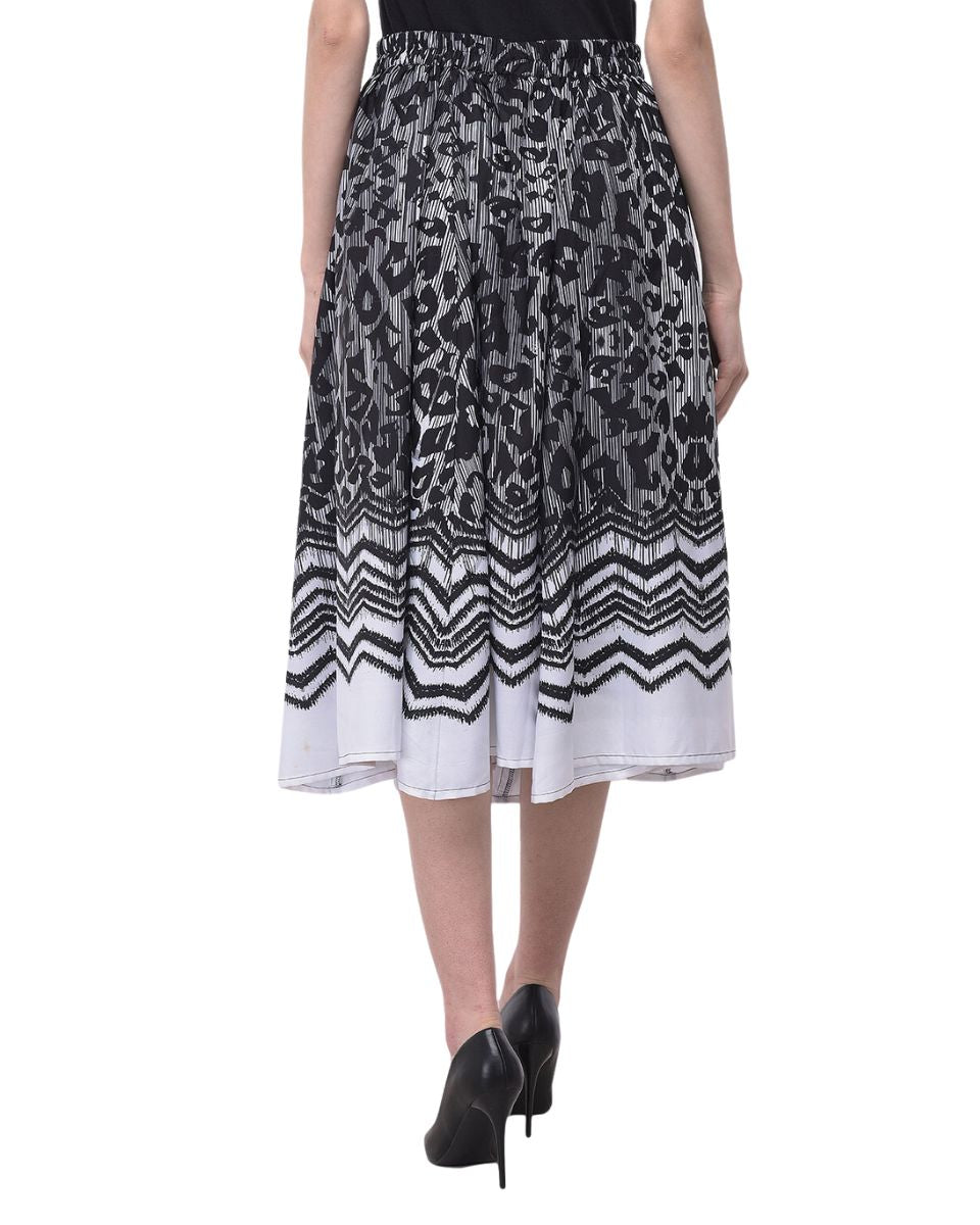 Black Boho Leopard Pattern Polyester Midi Skirt With Belt For Women