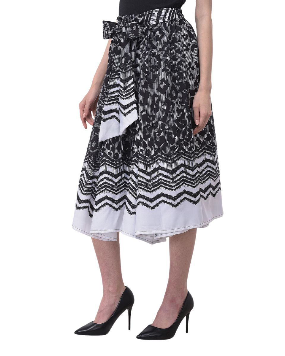 Black Boho Leopard Pattern Polyester Midi Skirt With Belt For Women