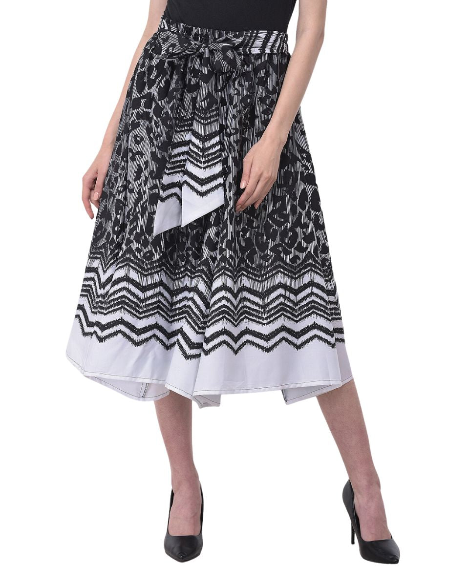 Black Boho Leopard Pattern Polyester Midi Skirt With Belt For Women