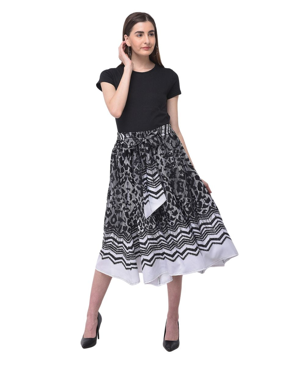 Black Boho Leopard Pattern Polyester Midi Skirt With Belt For Women