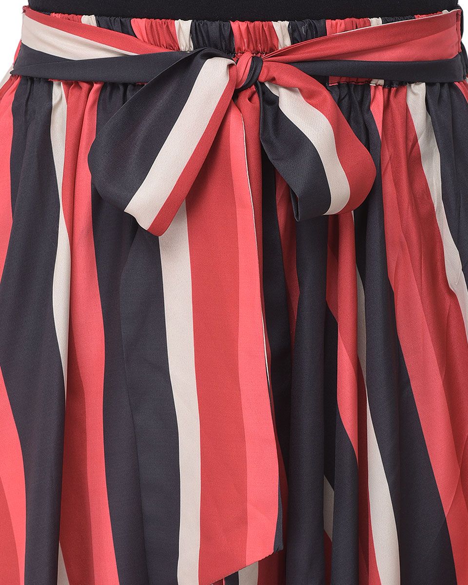 Red And Black Striped Polyester Midi Skirt With Belt For Women