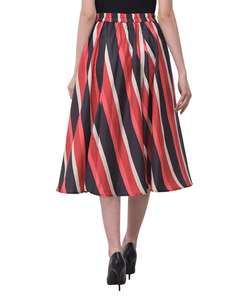 Red And Black Striped Polyester Midi Skirt With Belt For Women