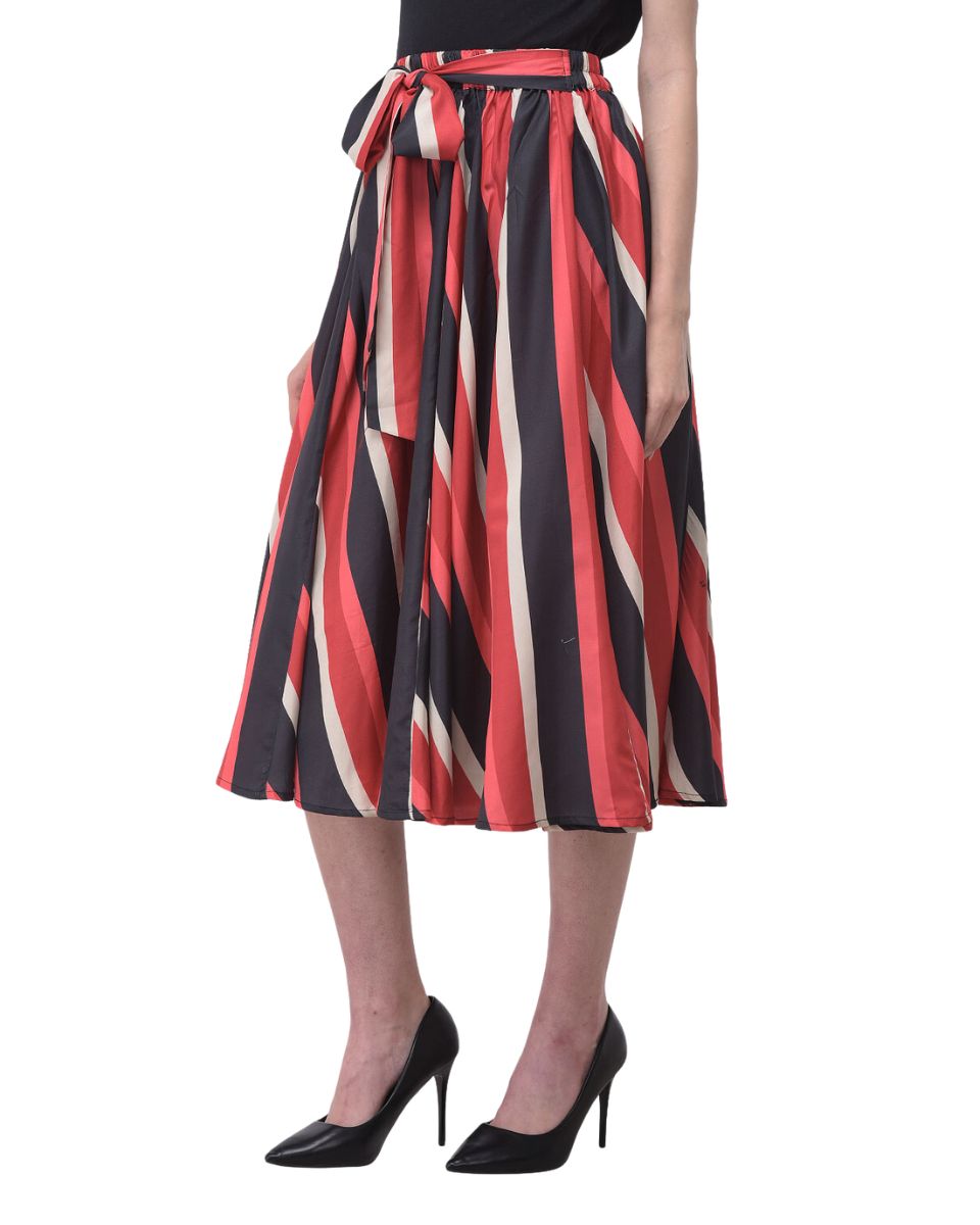 Red And Black Striped Polyester Midi Skirt With Belt For Women