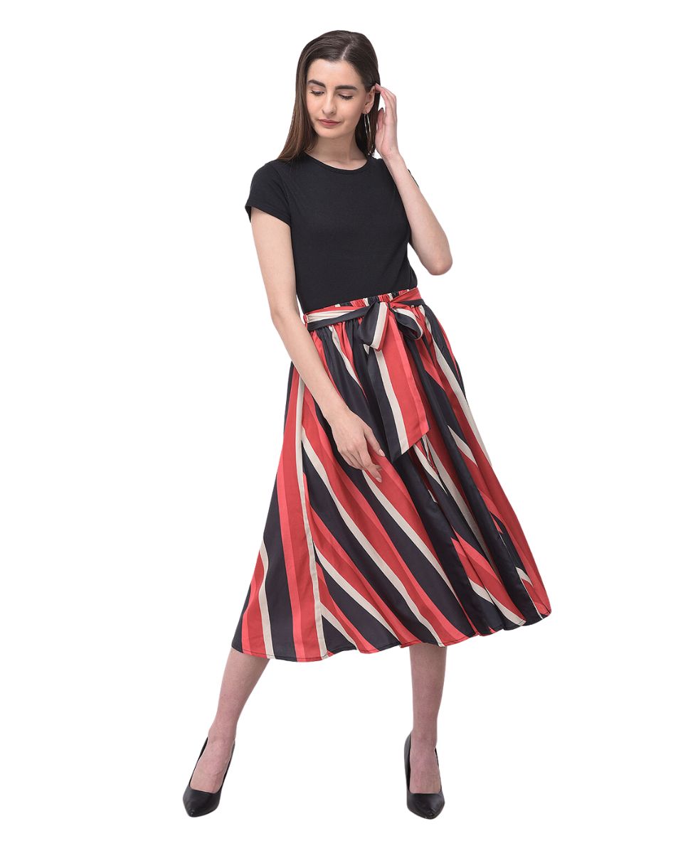 Red And Black Striped Polyester Midi Skirt With Belt For Women