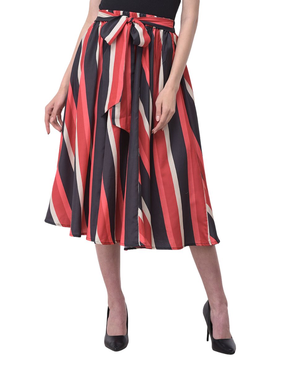 Red And Black Striped Polyester Midi Skirt With Belt For Women