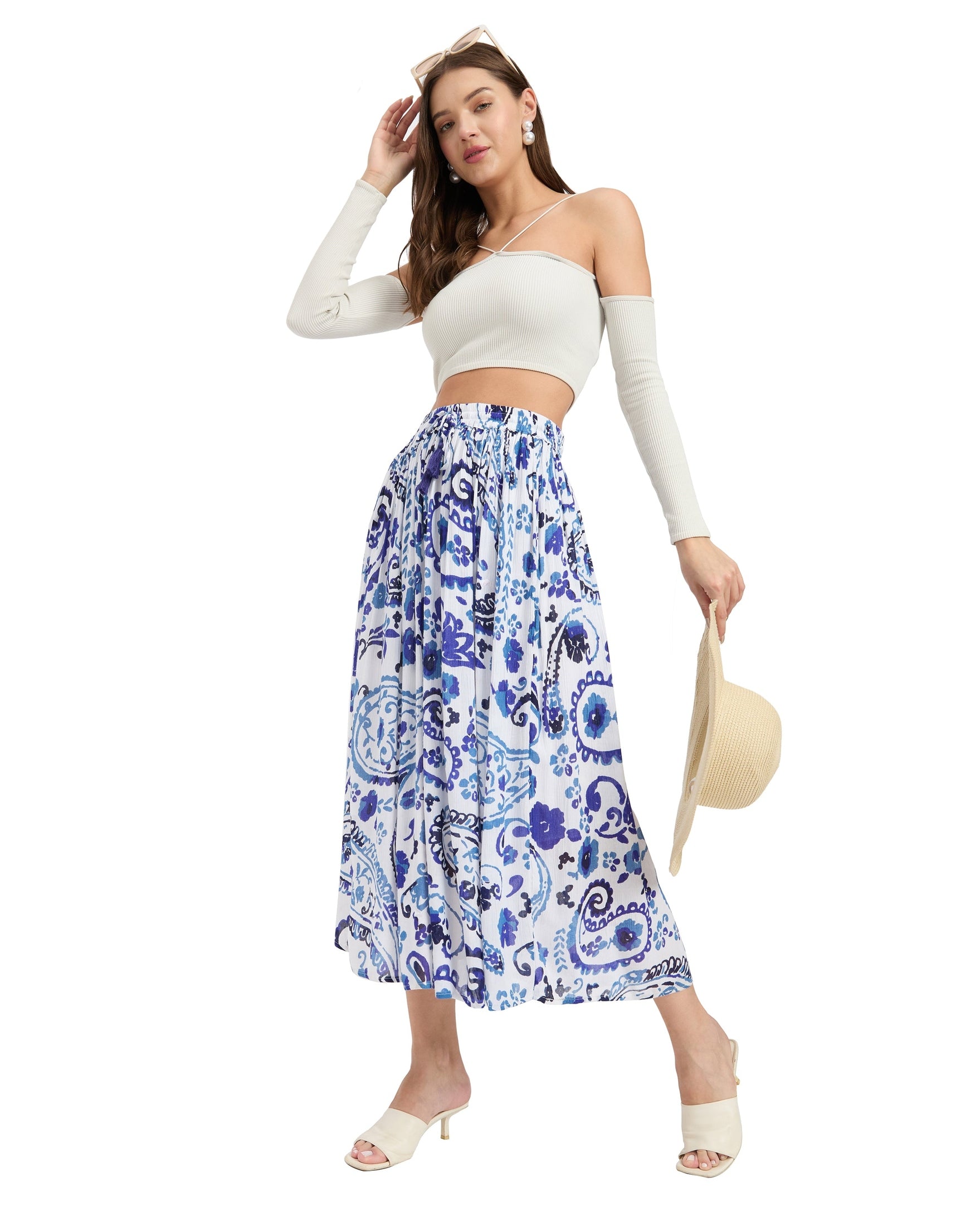 Blue And White Paisley Print Rayon Long Skirt For Women