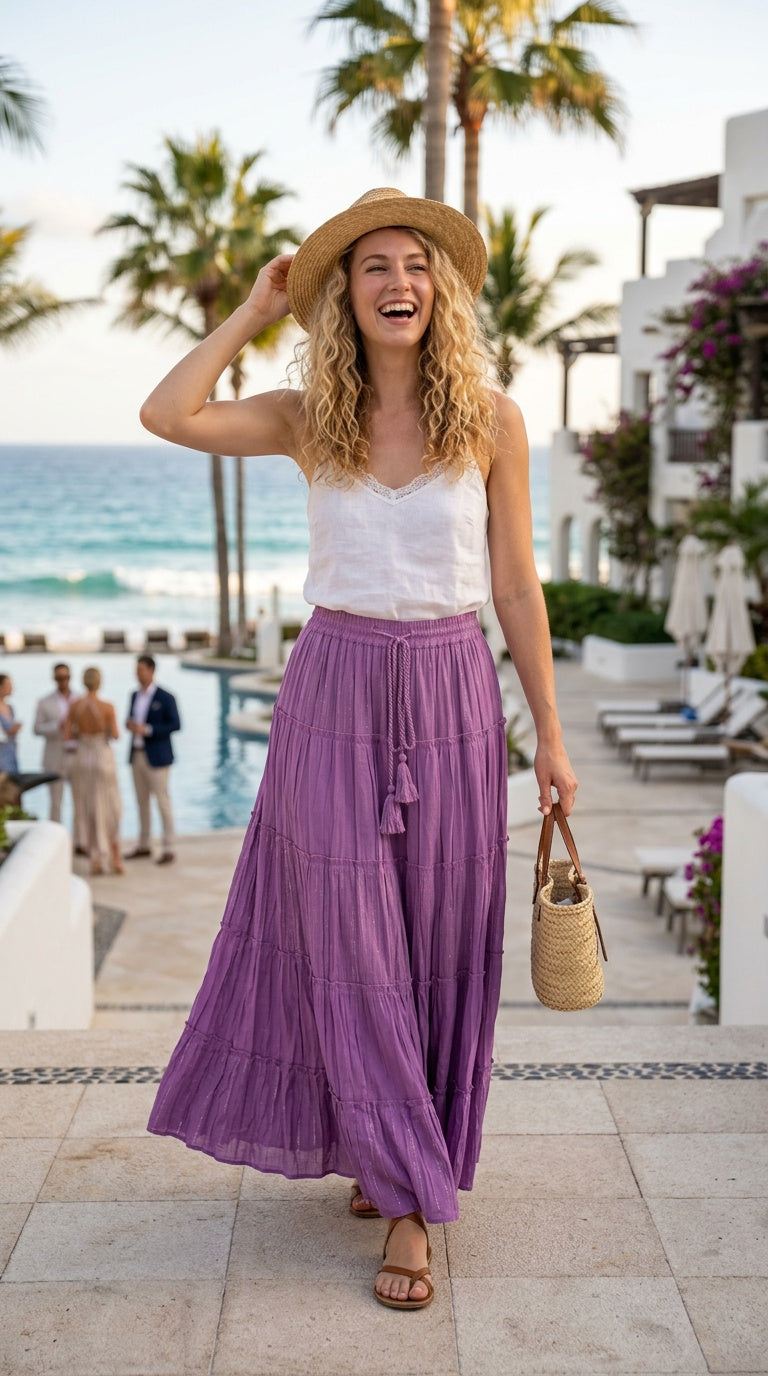 Purple Lurex Rayon Boho Maxi Skirt for Women | Flowy Tiered Skirt