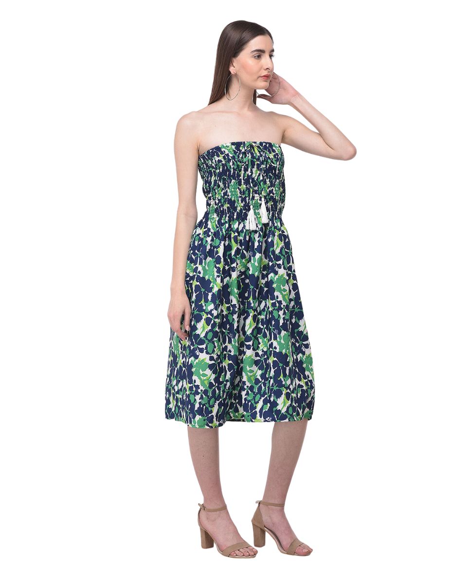 Green Strapless Floral Printed Short Tube Dress For Women