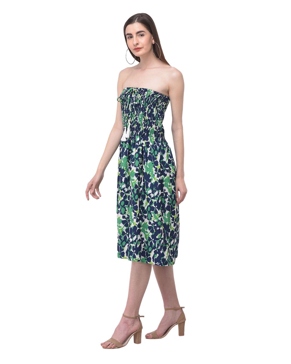 Green Strapless Floral Printed Short Tube Dress For Women