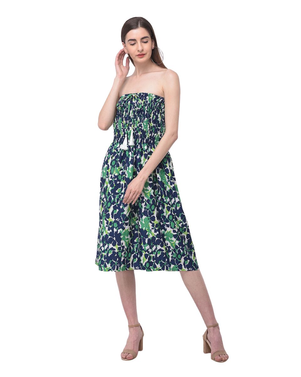 Green Strapless Floral Printed Short Tube Dress For Women