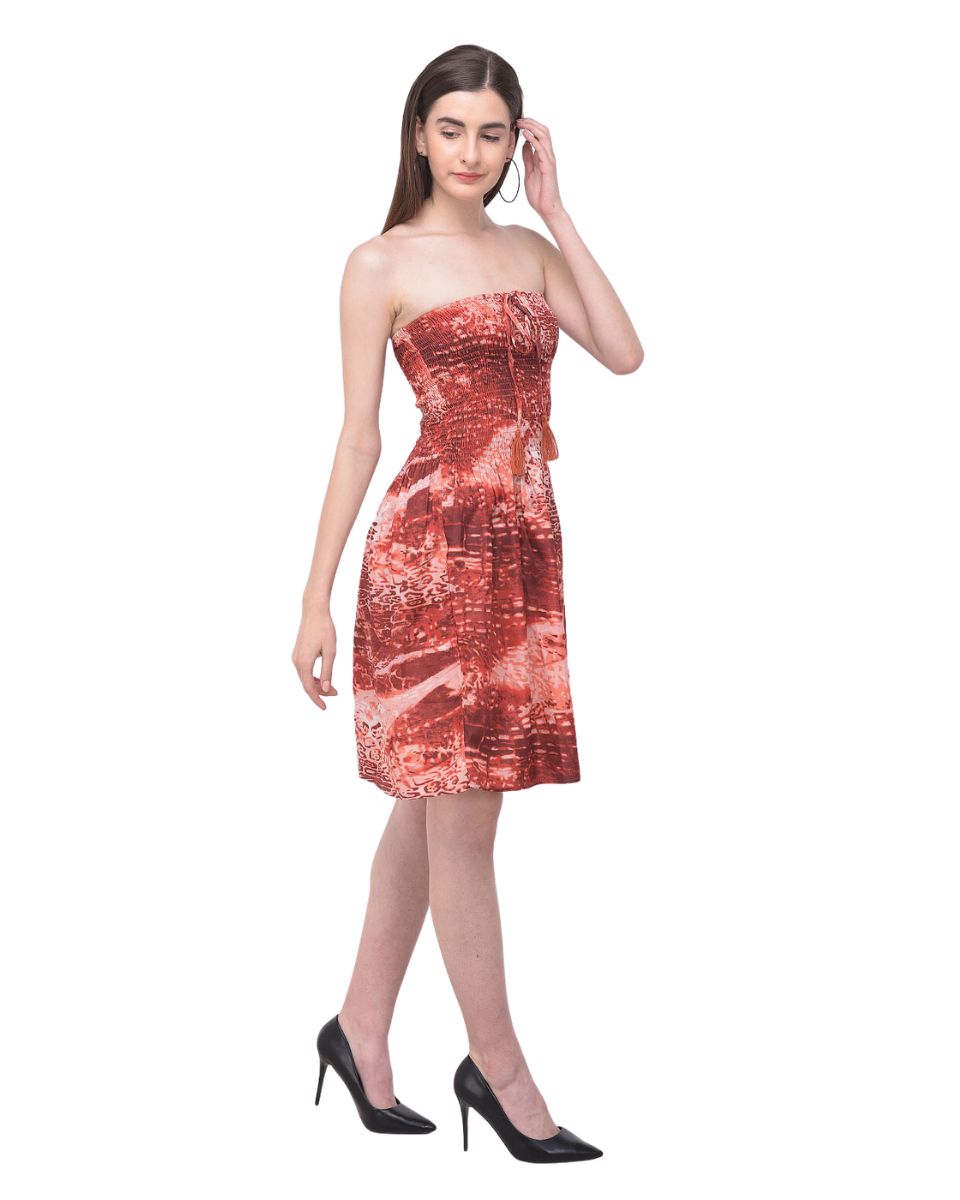 Maroon Strapless Abstract Print Polyester Tube Dress For Women