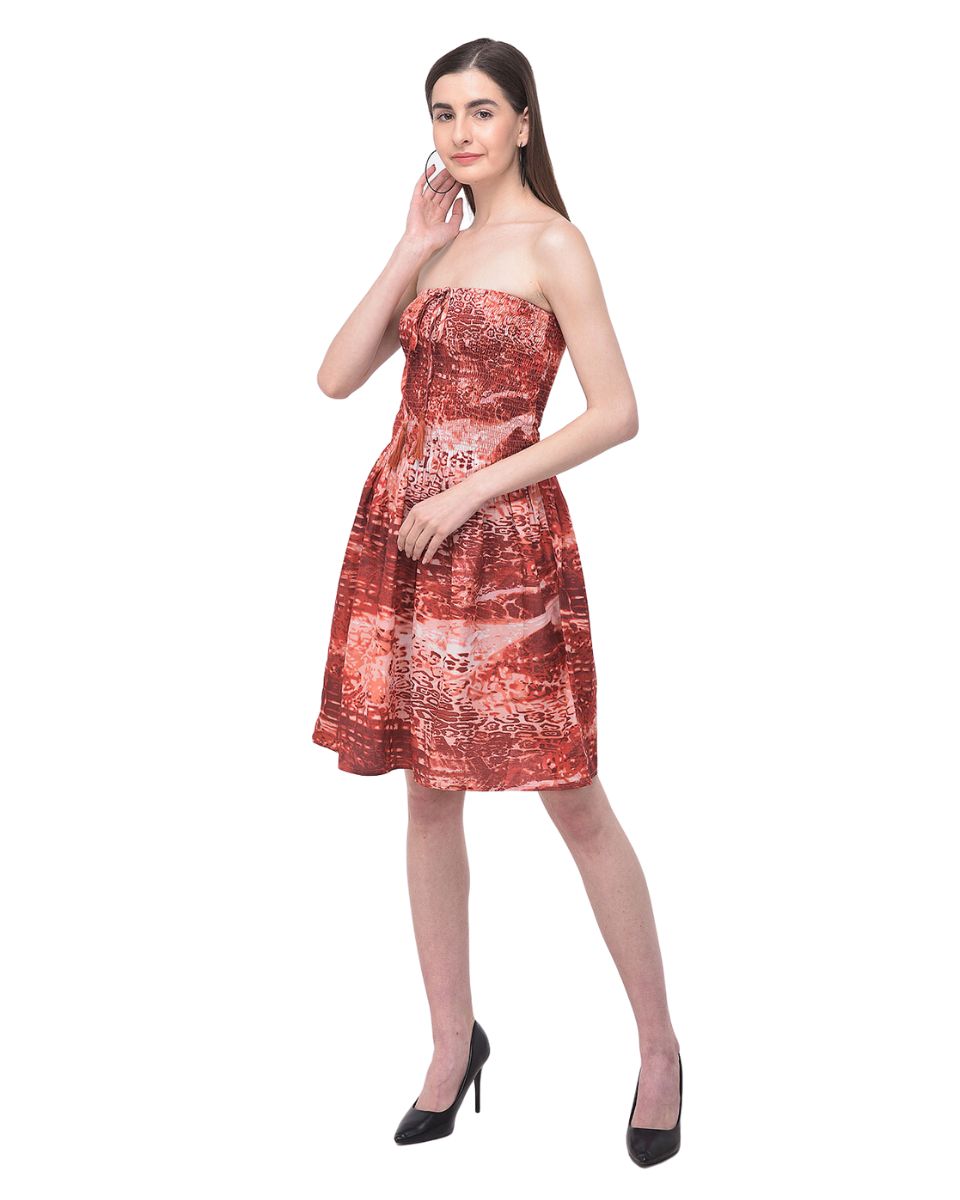 Maroon Strapless Abstract Print Polyester Tube Dress For Women