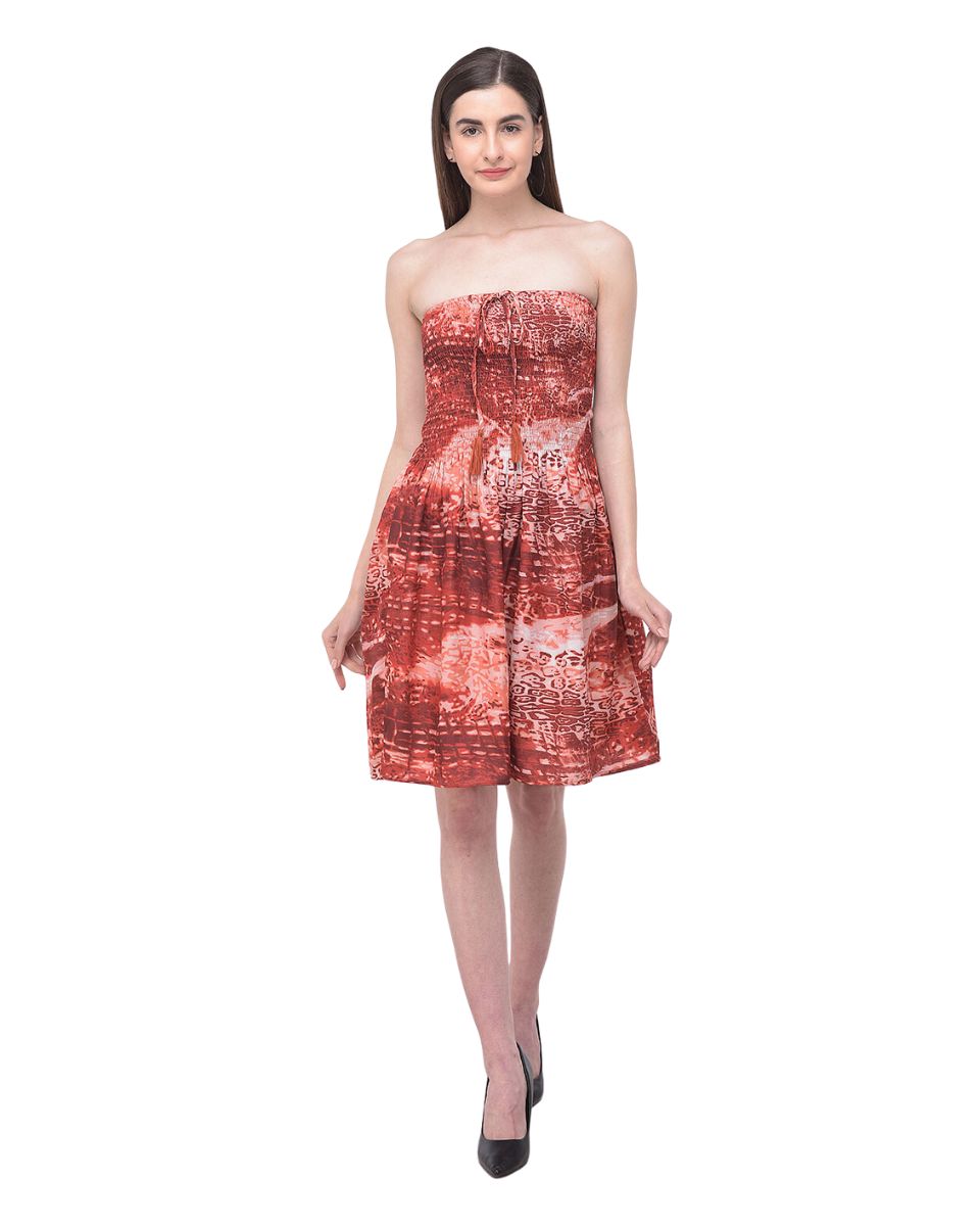 Maroon Strapless Abstract Print Polyester Tube Dress For Women