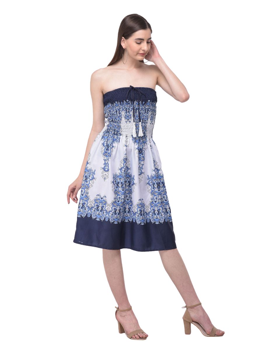 Digital printed Blue Strapless Tube Dress For Women