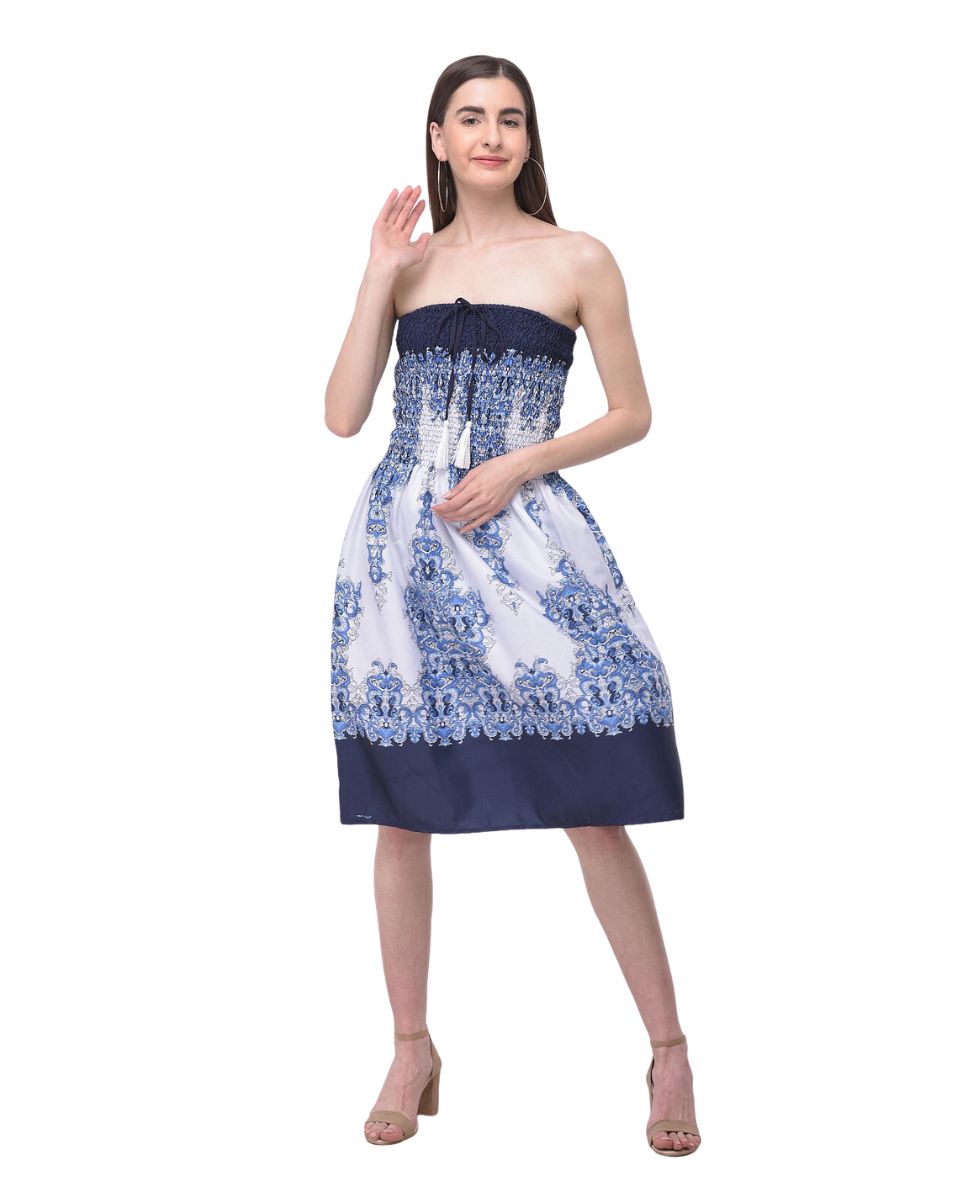 Digital printed Blue Strapless Tube Dress For Women