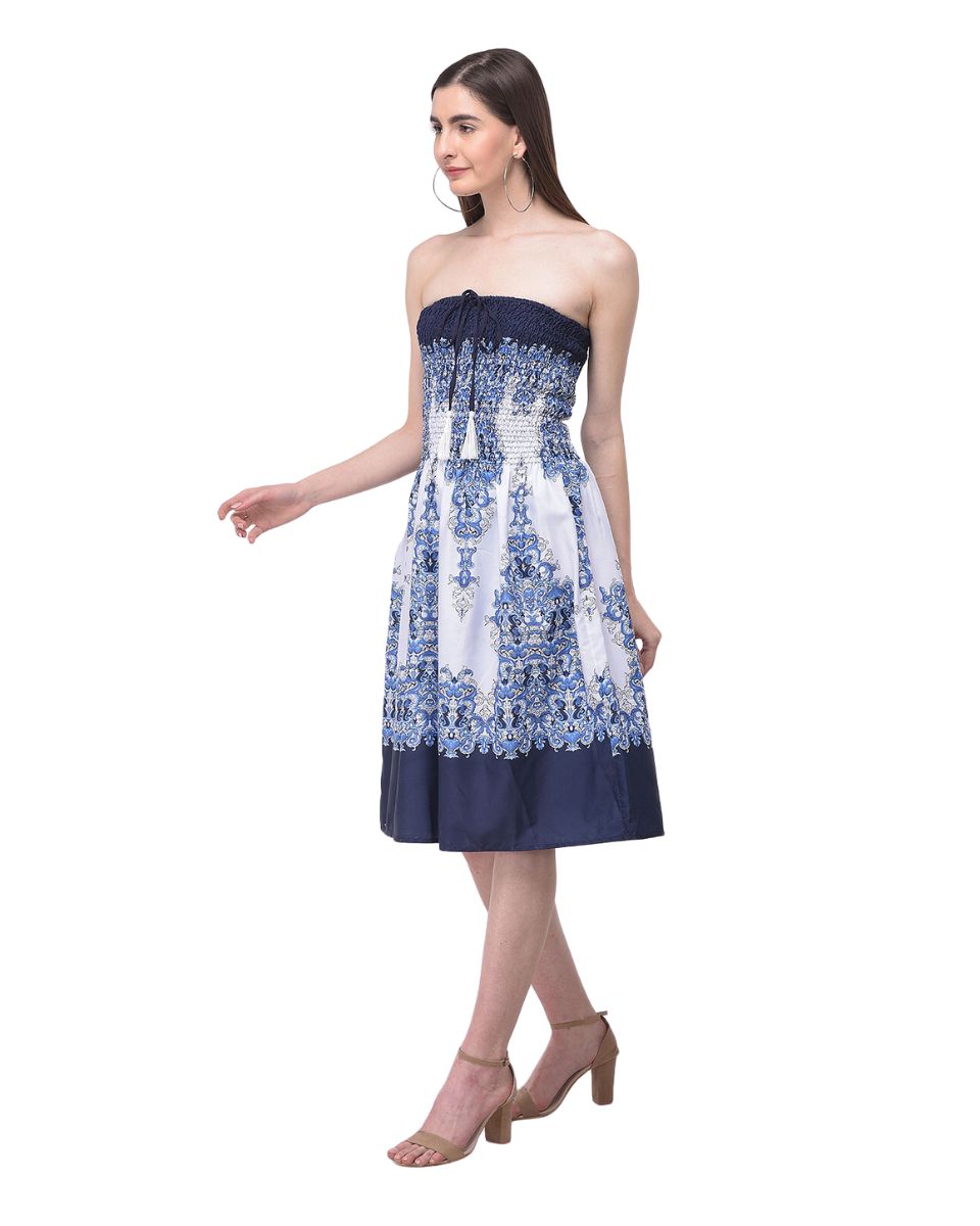 Digital printed Blue Strapless Tube Dress For Women