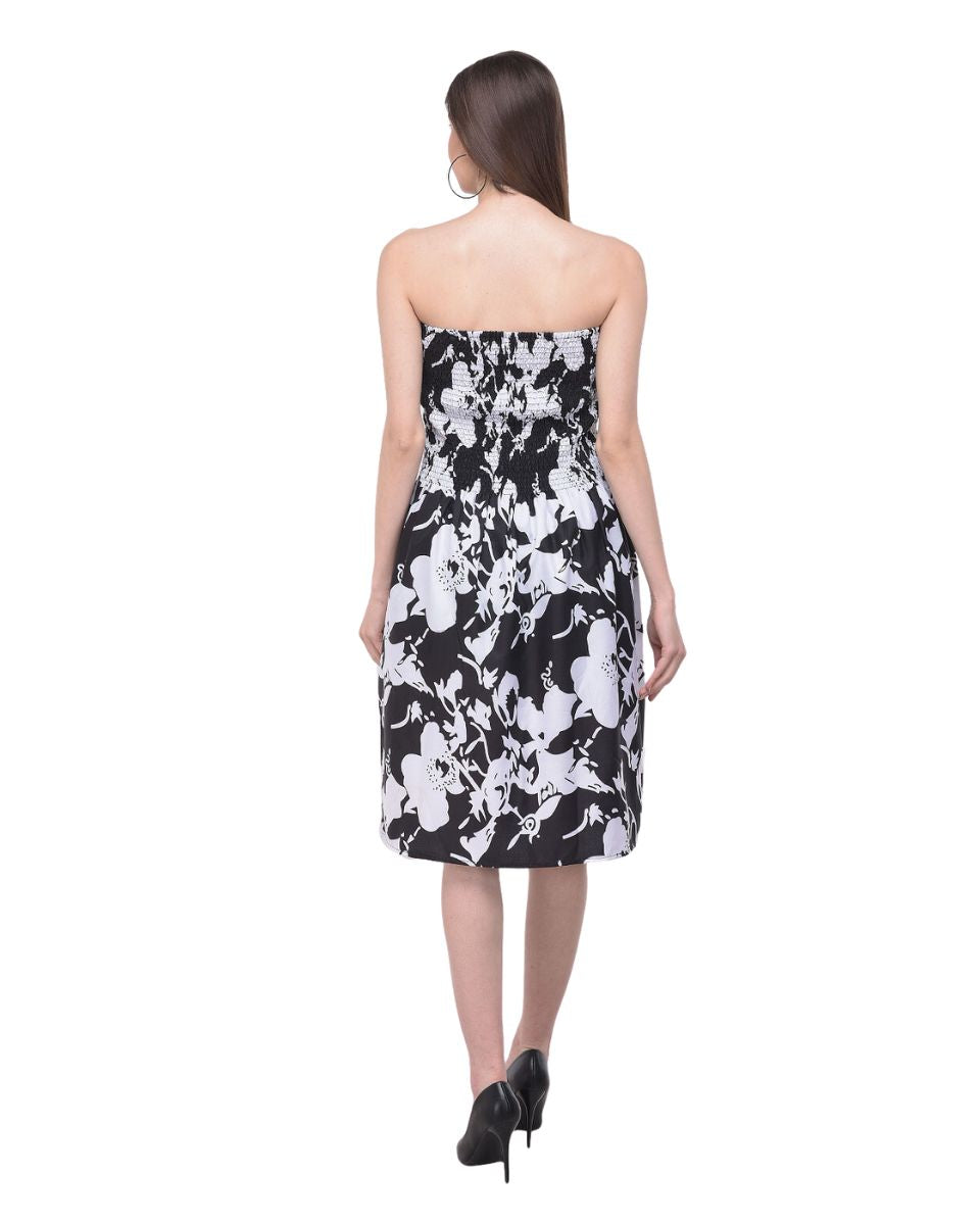 Black And White Strapless Floral Print Tube Dress For Women