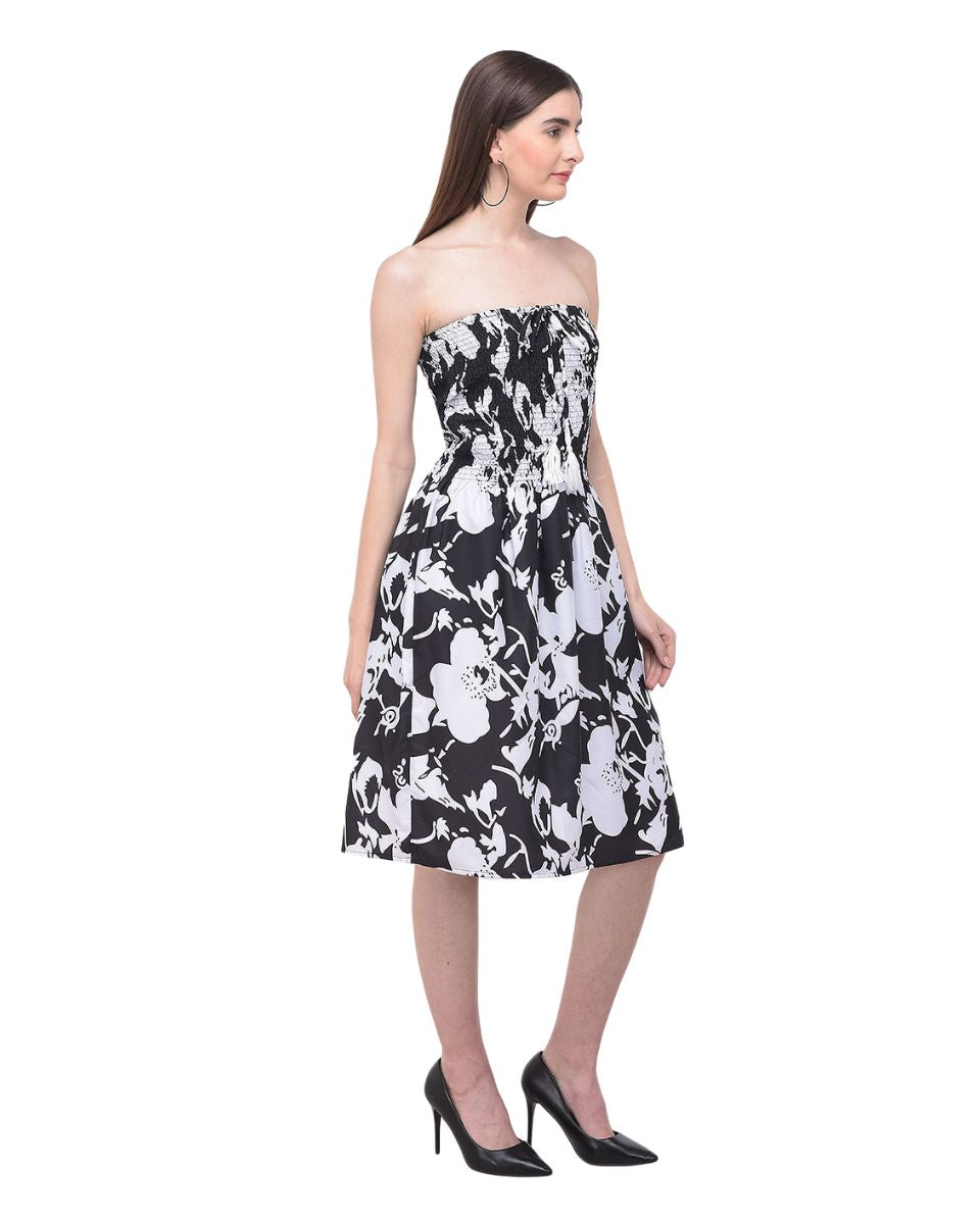 Black And White Strapless Floral Print Tube Dress For Women