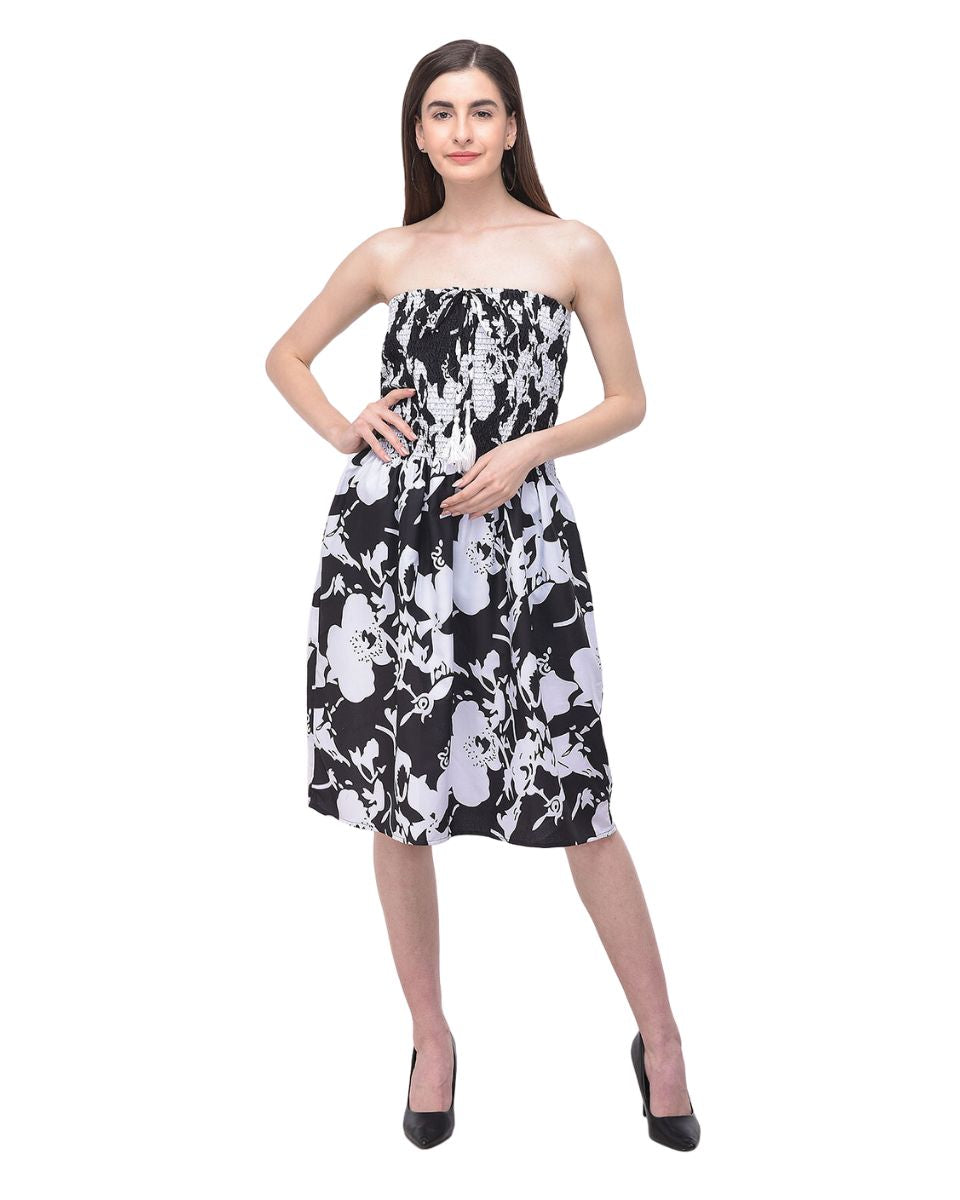 Black And White Strapless Floral Print Tube Dress For Women