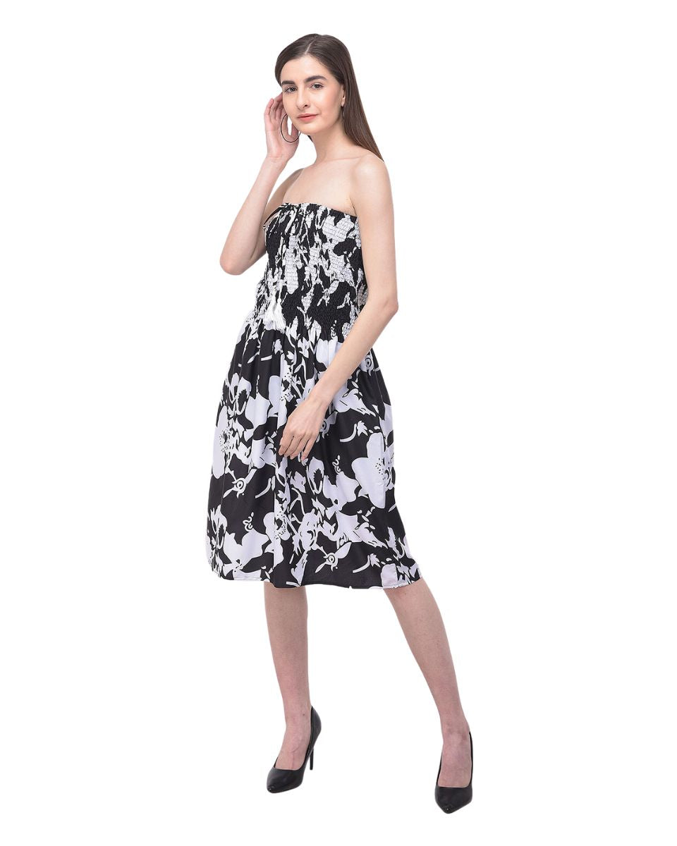 Black And White Strapless Floral Print Tube Dress For Women