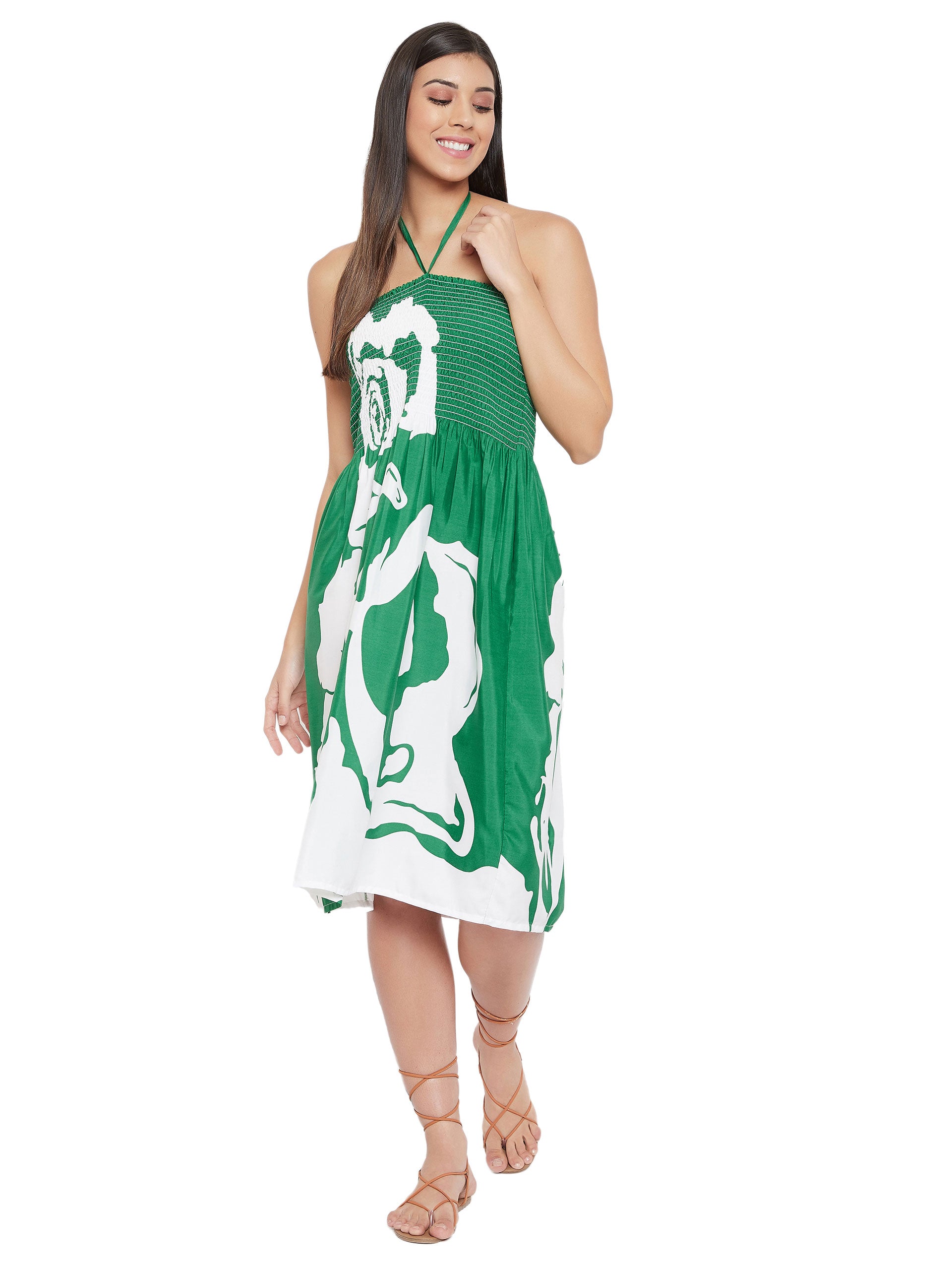 Green Polyester Drawstring Elastic Short Tube Dress For Women