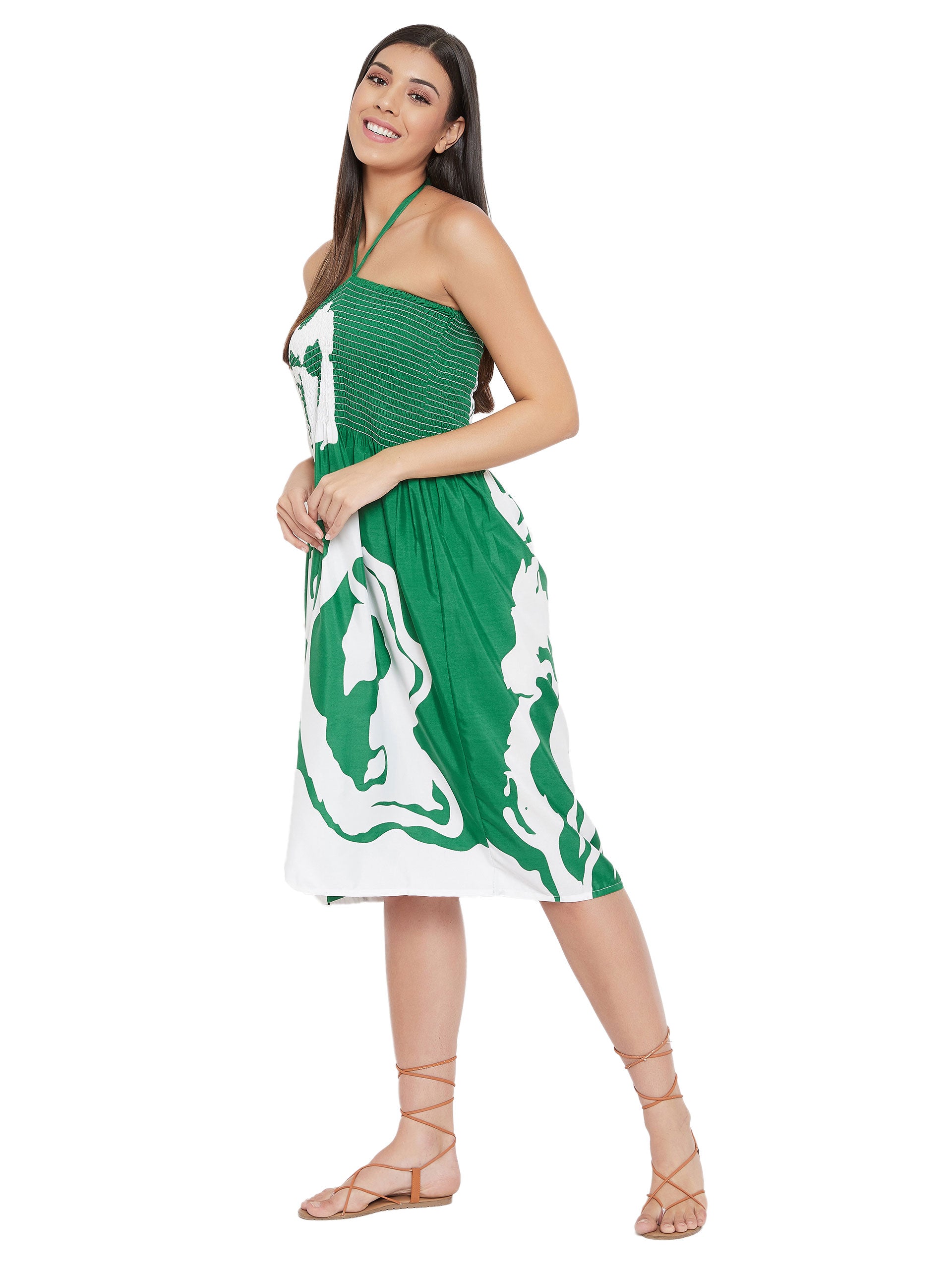 Green Polyester Drawstring Elastic Short Tube Dress For Women