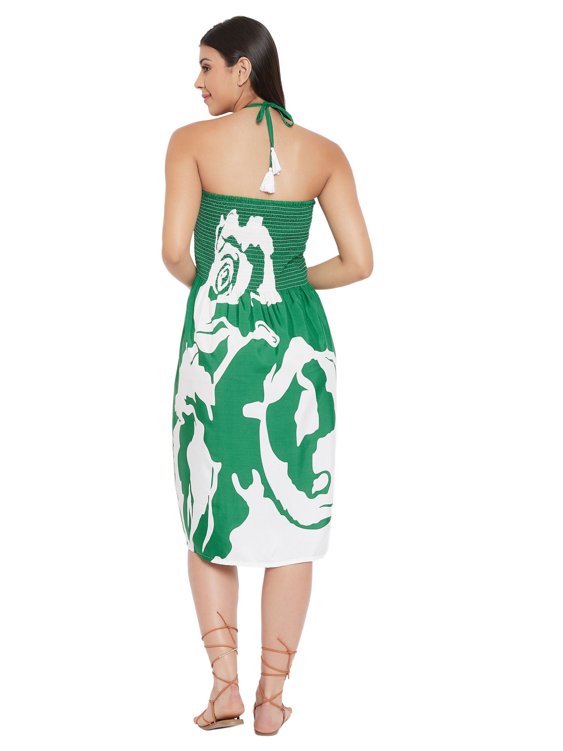 Green Polyester Drawstring Elastic Short Tube Dress For Women