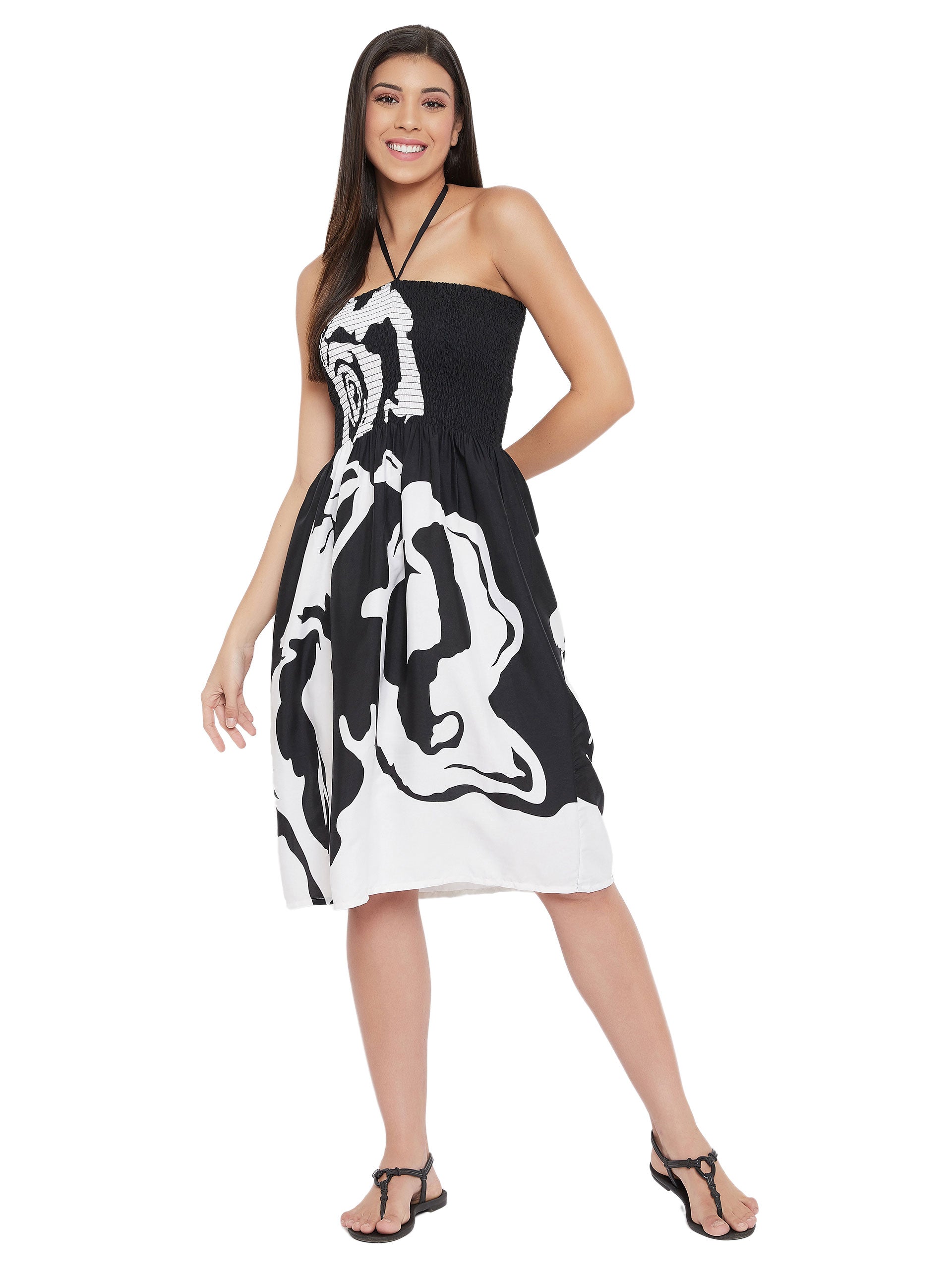 White And Black Floral Print Polyester Tube Dress For Women