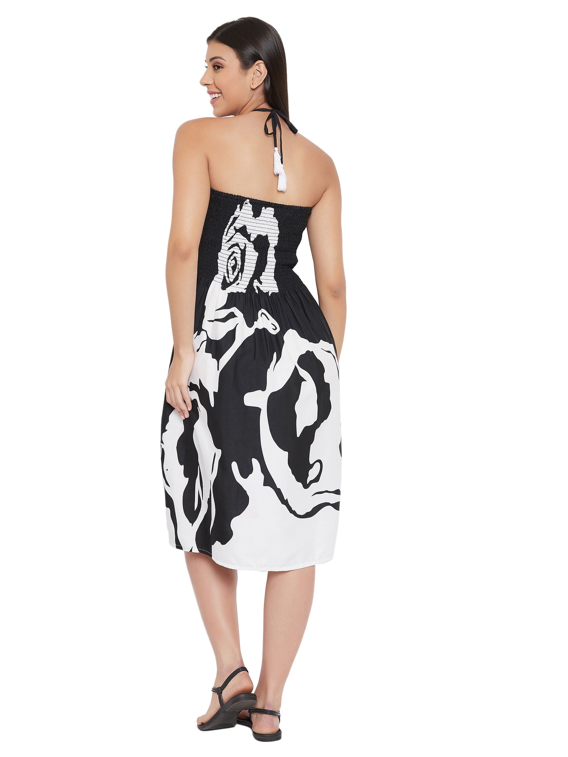 White And Black Floral Print Polyester Tube Dress For Women