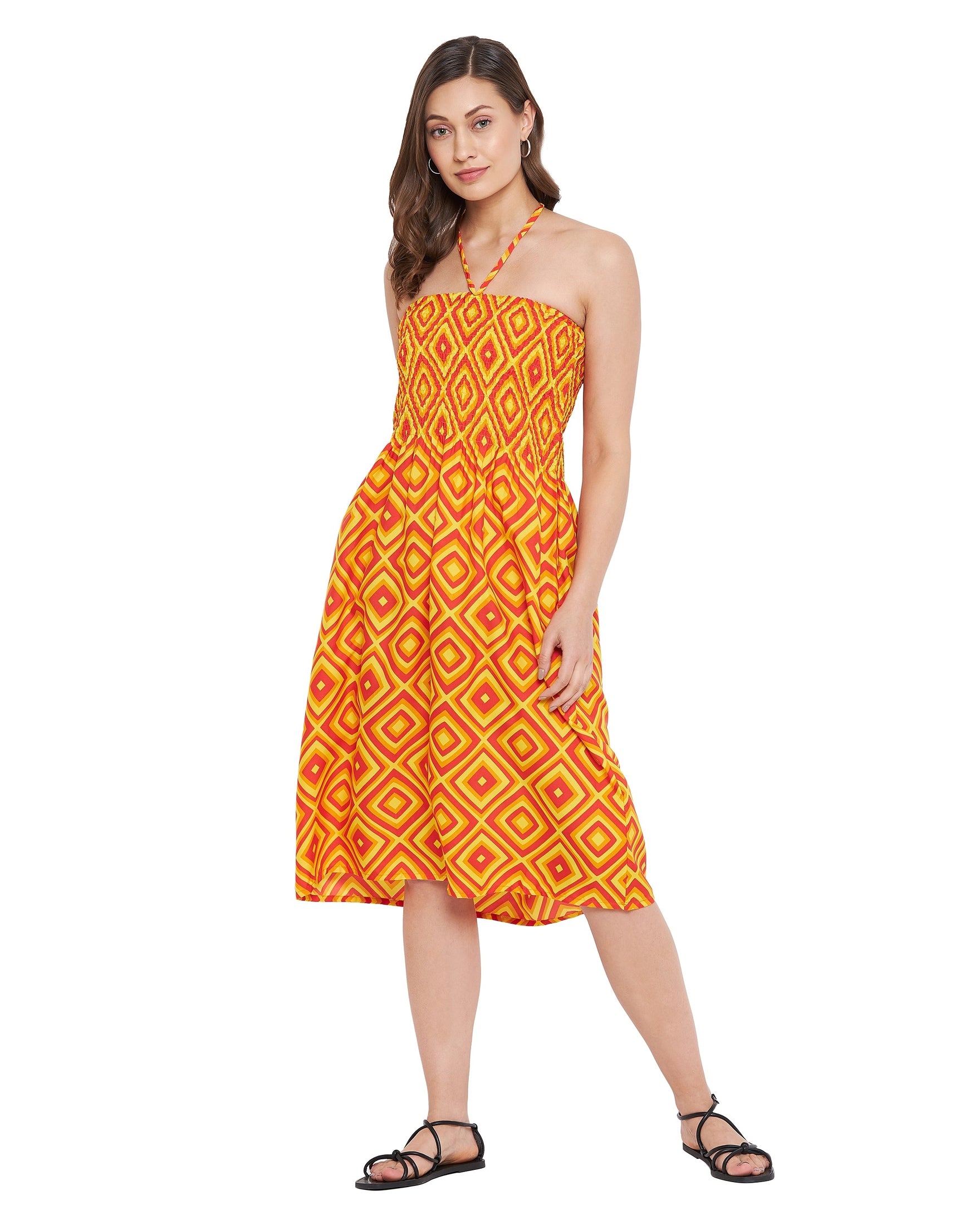 Yellow Polyester Knee Length Casual Dress For Women