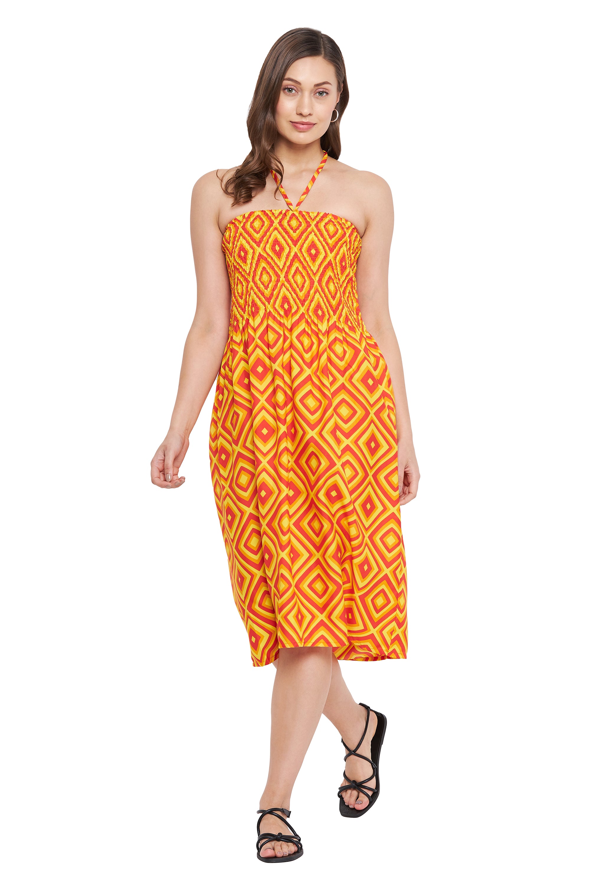 Yellow Polyester Knee Length Casual Dress For Women