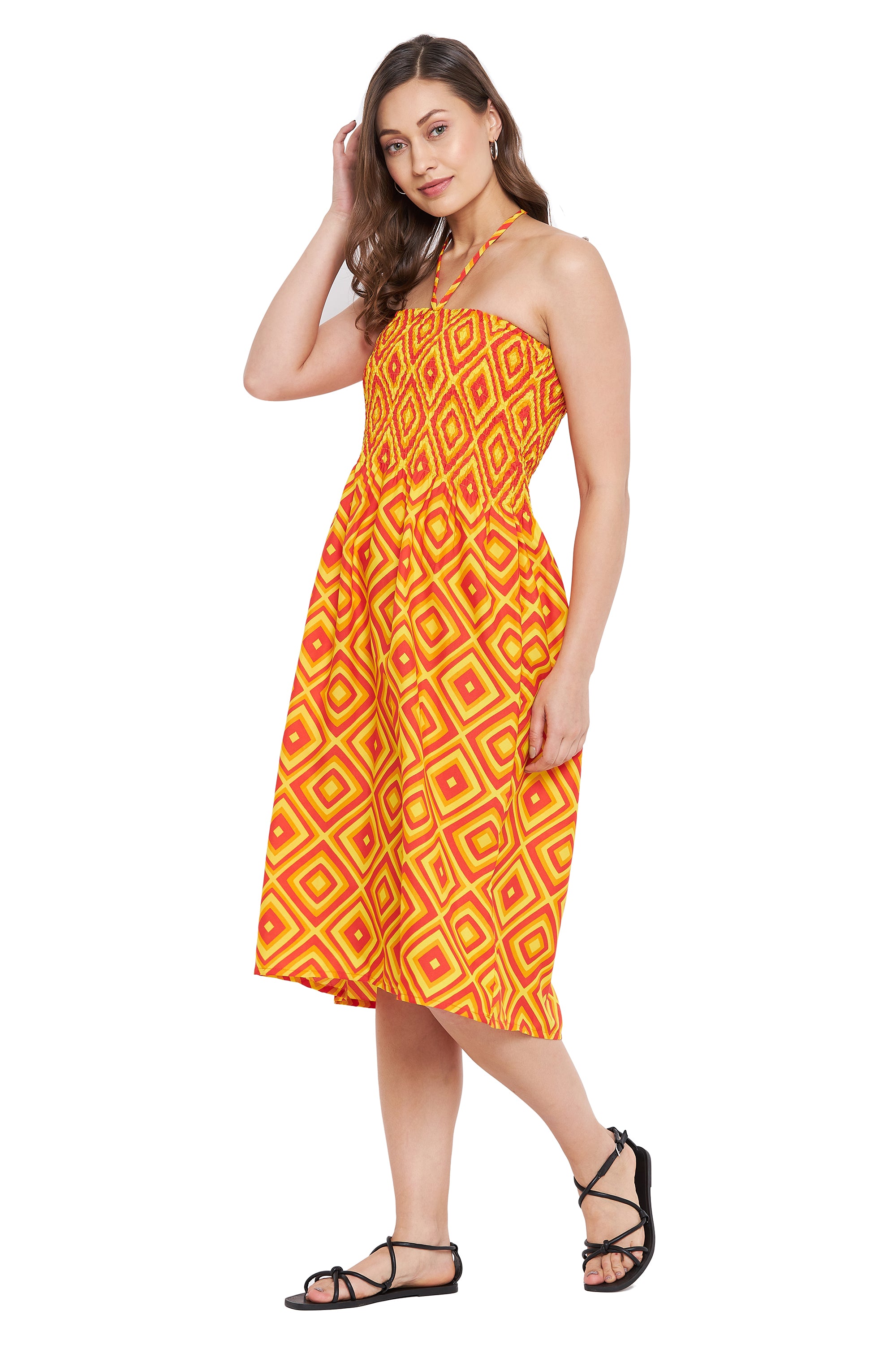 Yellow Polyester Knee Length Casual Dress For Women