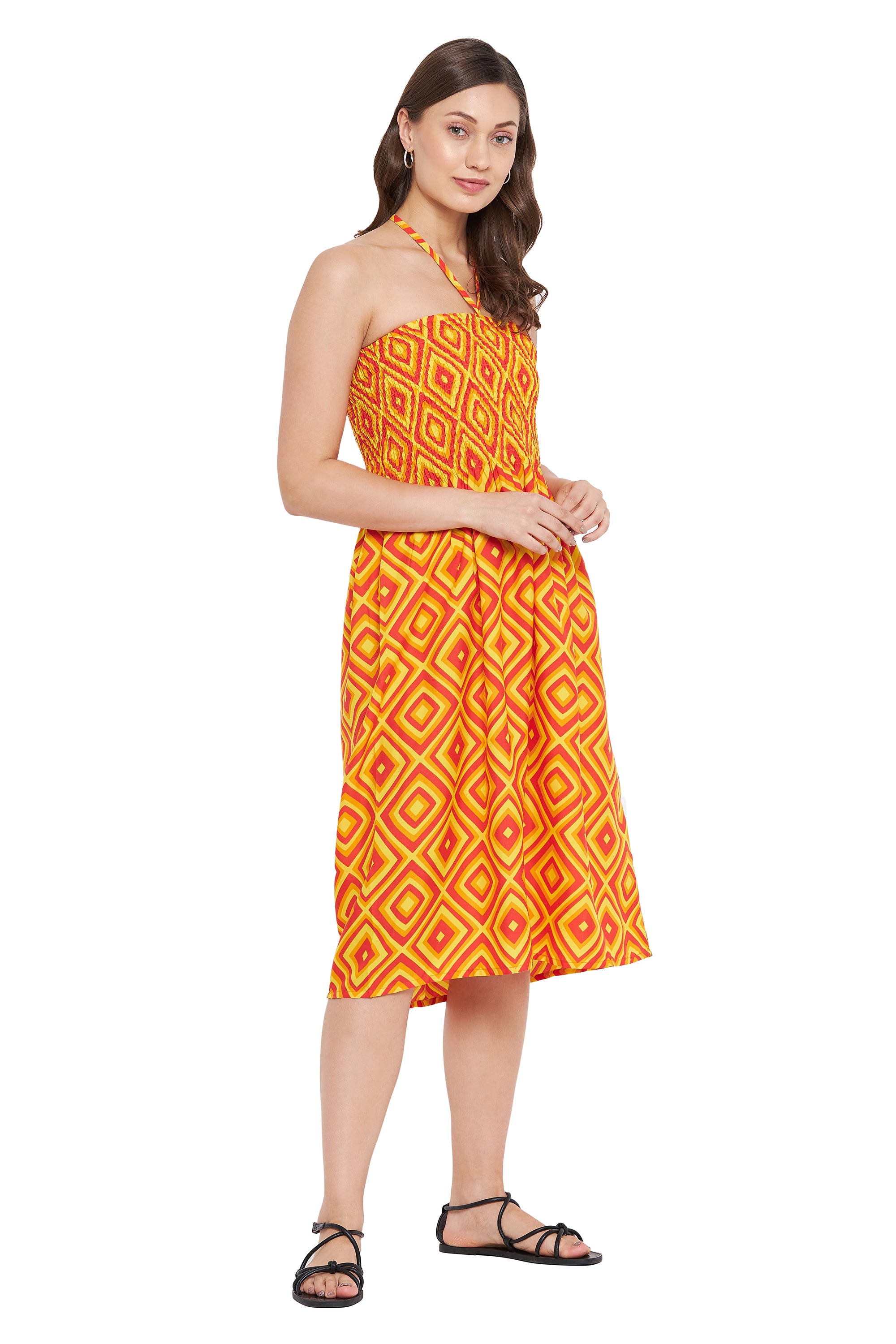 Yellow Polyester Knee Length Casual Dress For Women