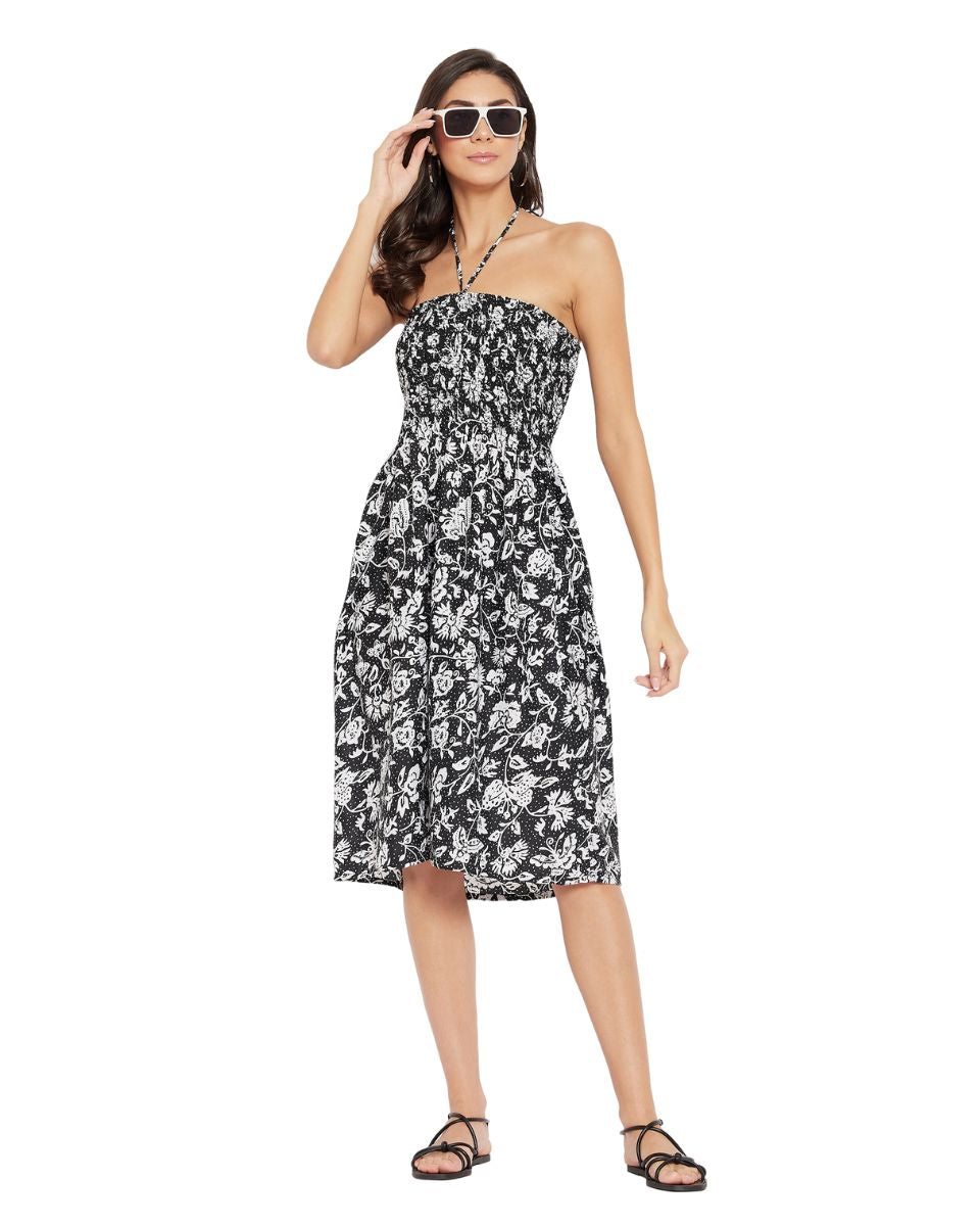 Black And White Floral Pattern Mini Tube Dress For Women