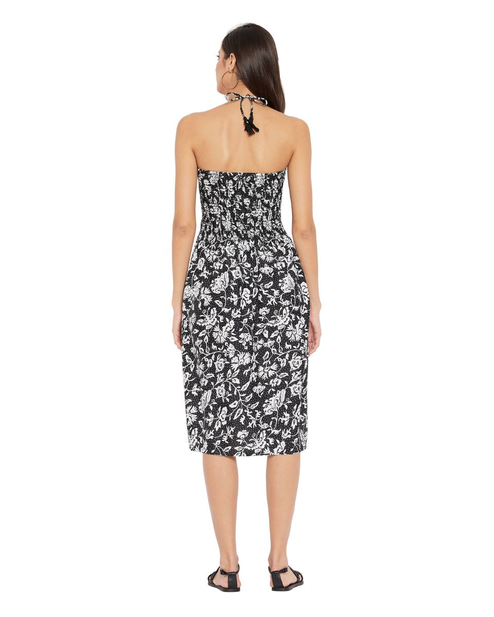 Black And White Floral Pattern Mini Tube Dress For Women