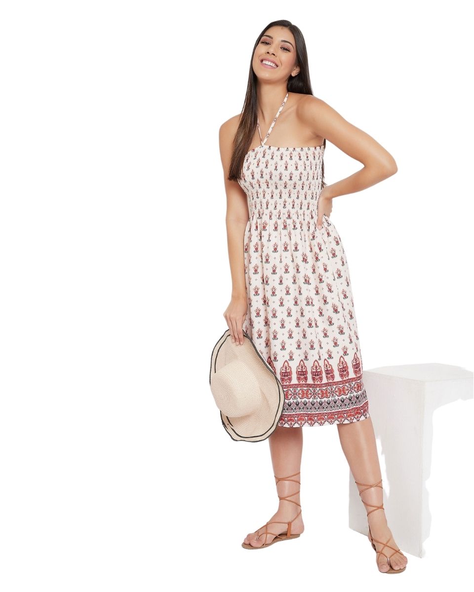 Tribal Print Beige Polyester Tube Dress For Women