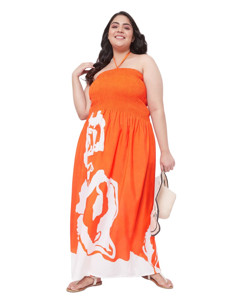 Orange Polyester Drawstring Sleeveless Tube Dress For Women