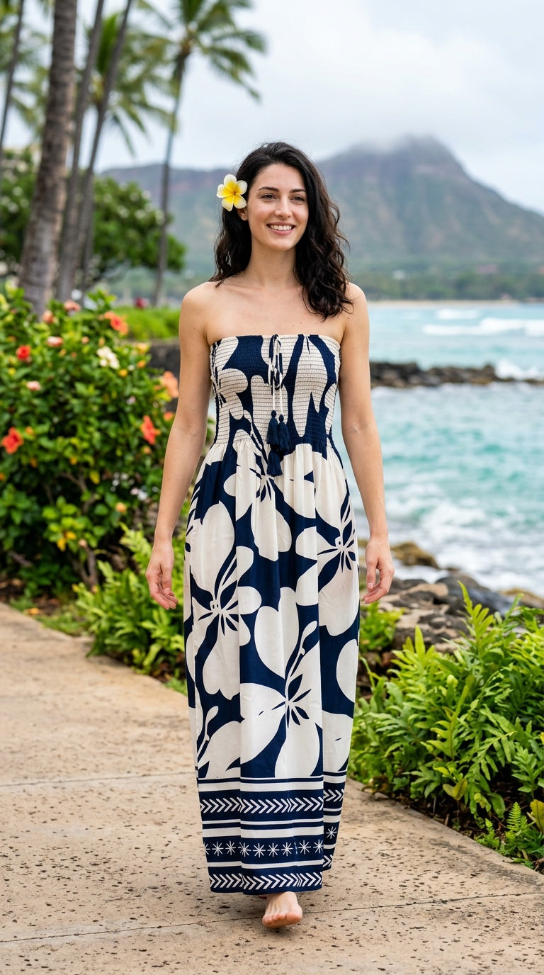 Navy Blue Floral Strapless Polyester Women Resort Tube Dress